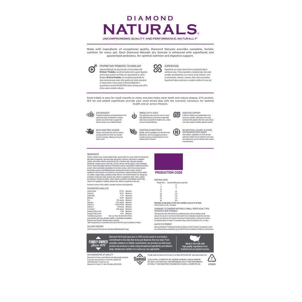 Diamond Naturals Dry Food for Adult Dogs, Small Breed Chicken and Rice Formula, 18 Pound Bag