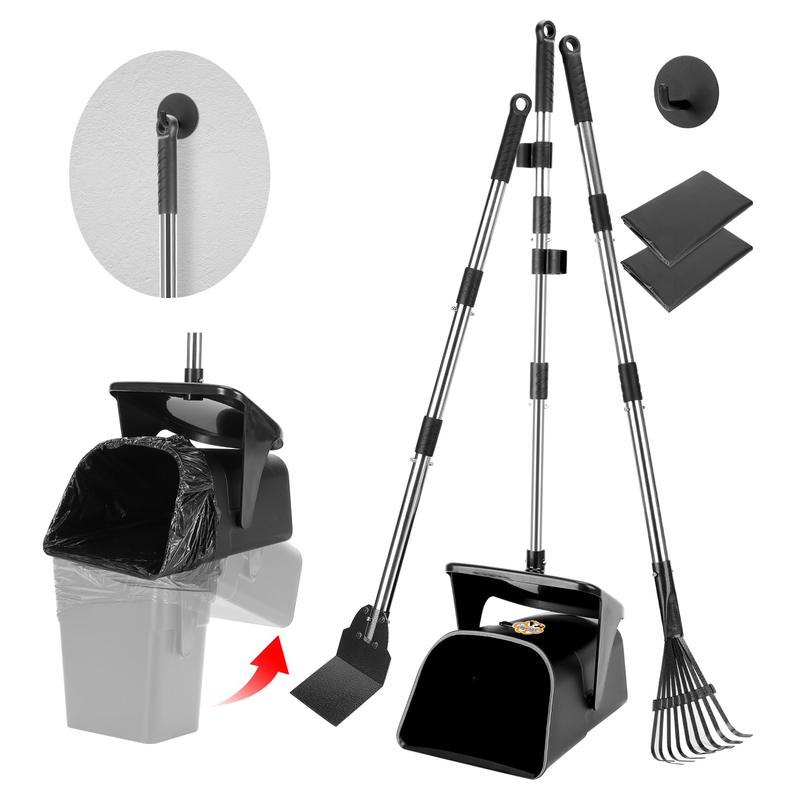 Ygnnxrn Pooper Scooper Large Swivel Bin & Rake & Spade With 20 Waste Bags And 1 Hook, 39.3'' Long Handle Metal Dog Pooper Scoope