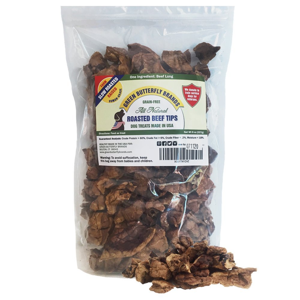 Green Butterfly Brands Premium Dog Treats Made in USA Only Natural, Meaty Beef Tips Slow Roasted, Crunchy American Beef Farm Rai