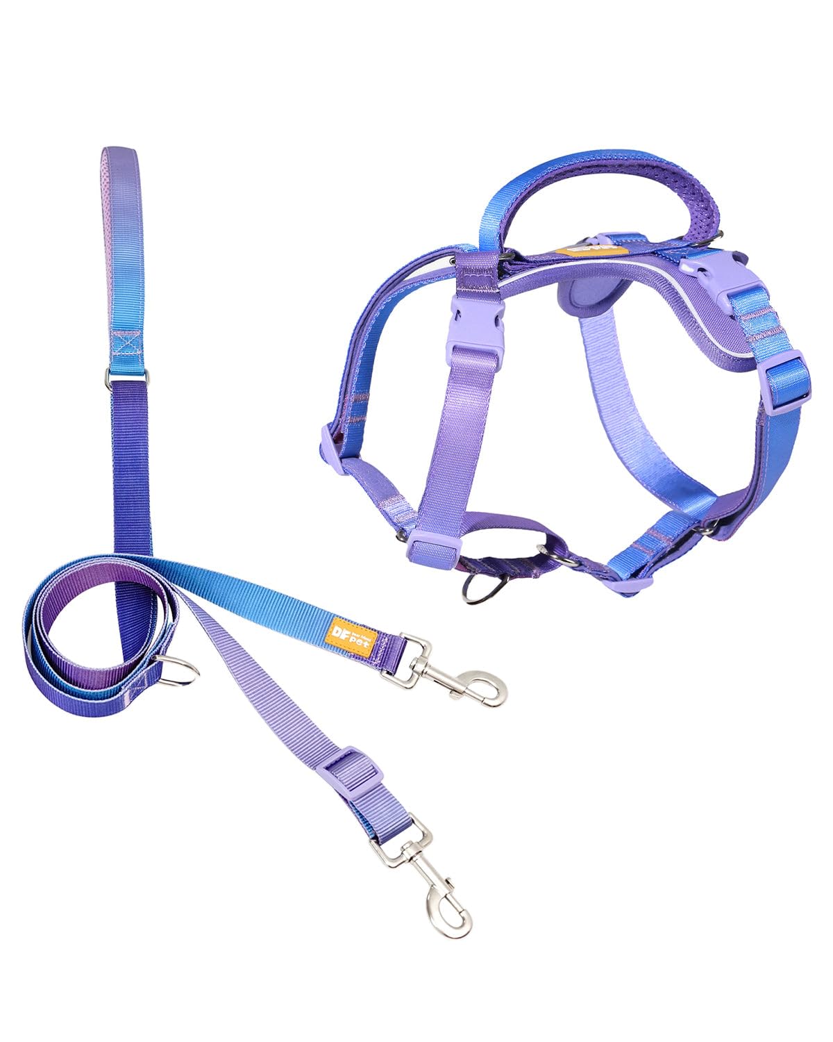 DF Freedom No Pull Martingale Dog Harness and Leash Set, Front Clip Adjustable Harness with Reflective & Padded Handle, Easy Wal