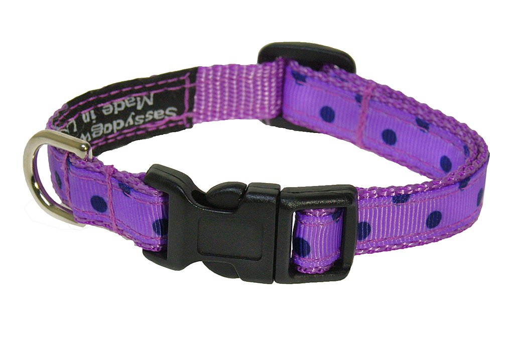 XSmall Orchid/Navy Polka Dot Dog Collar: 1/2 Wide, Adjusts 6-12 - Made in USA.
