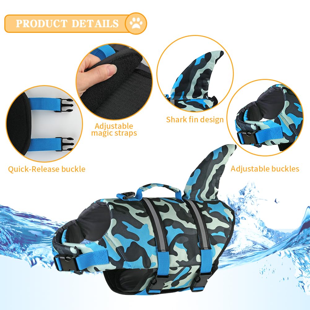 Doglay Dog Life Jacket, Ripstop Cute Shark Dog Life Jacket With Superior Buoyancy And Rescue Handle, Adjustable Dog Life Vests F