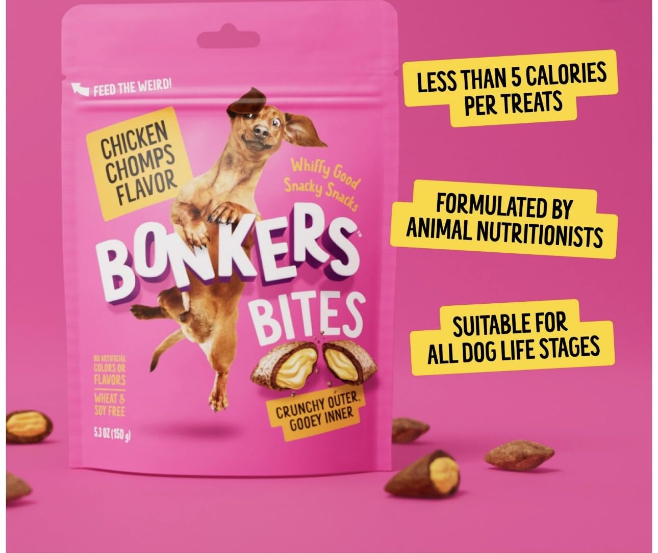 Bonkers Bites Dog Treats - Chicken Chomps Flavor, Crunchy & Gooey, 5.3 oz with Bone Waste Bag Dispenser
