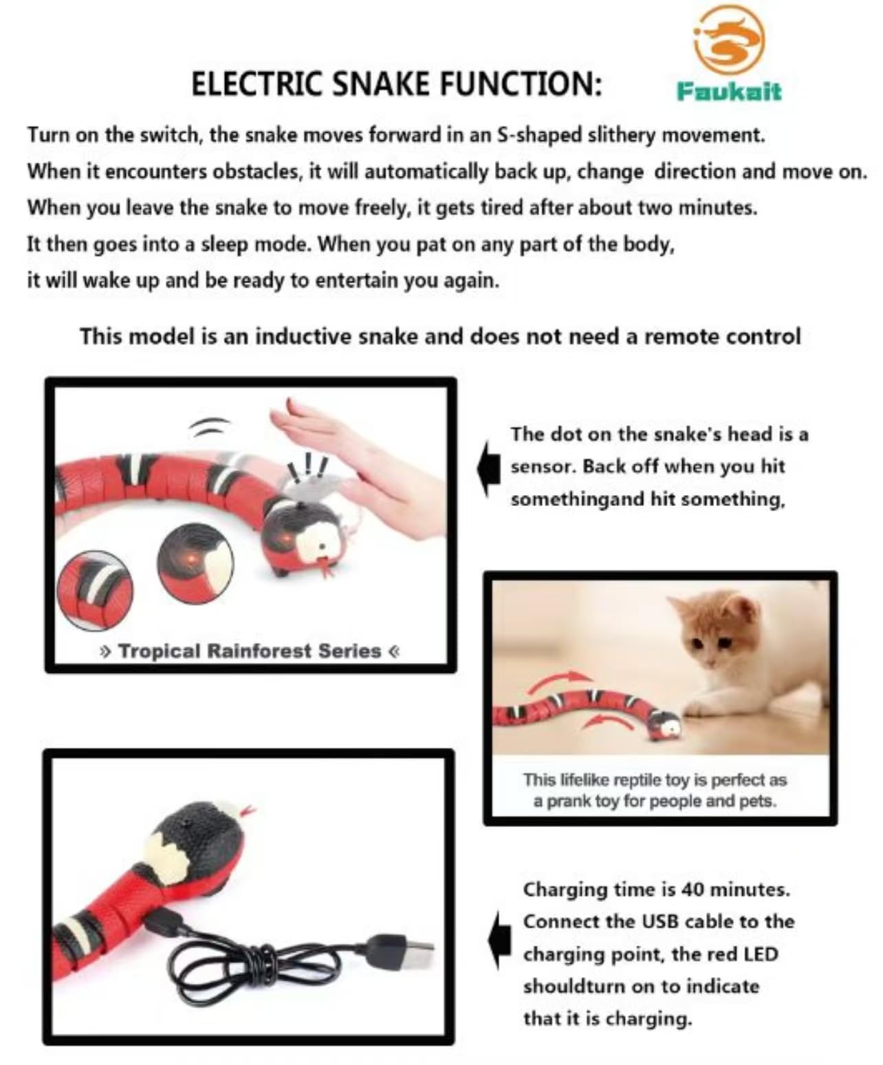 Cat Toys Snake Interactive,Kitten Toys,Realistic Smart Sensing Snake Toy,Usb Rechargeable,Automatically Sense Obstacles And Esca