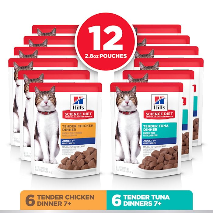 Hills Science Diet Adult 7+, Senior Adult 7+ Premium Nutrition, Wet Cat Food, Variety Case: Chicken; Tuna Stew, 2.8 oz Pouch Va