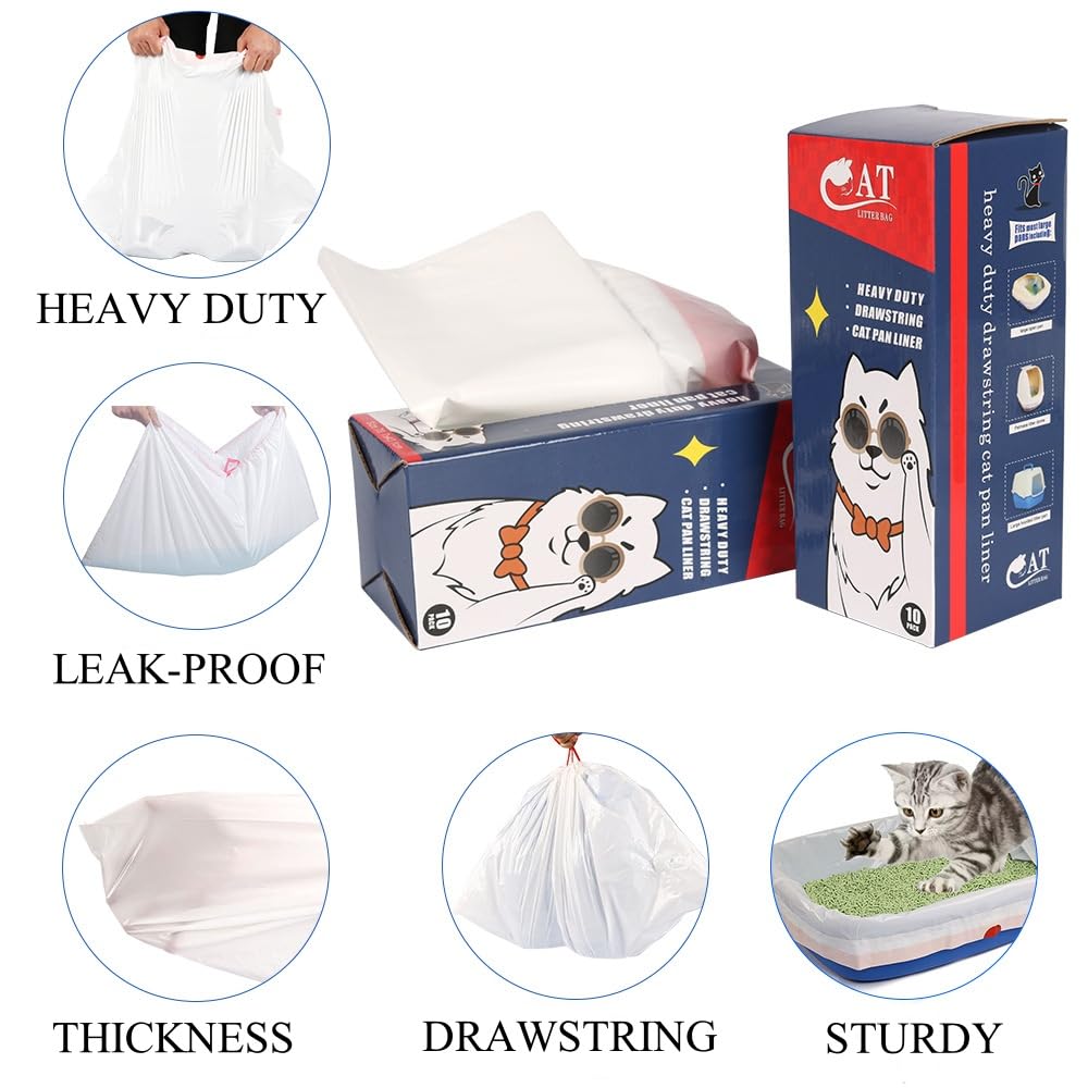 Home Wing 10 Count Litter Box Liners Jumbo, Heavy Duty Cat Litter Box Liners: Tear Free&Pull-Out, Leak Resistant - Drawstring Cl