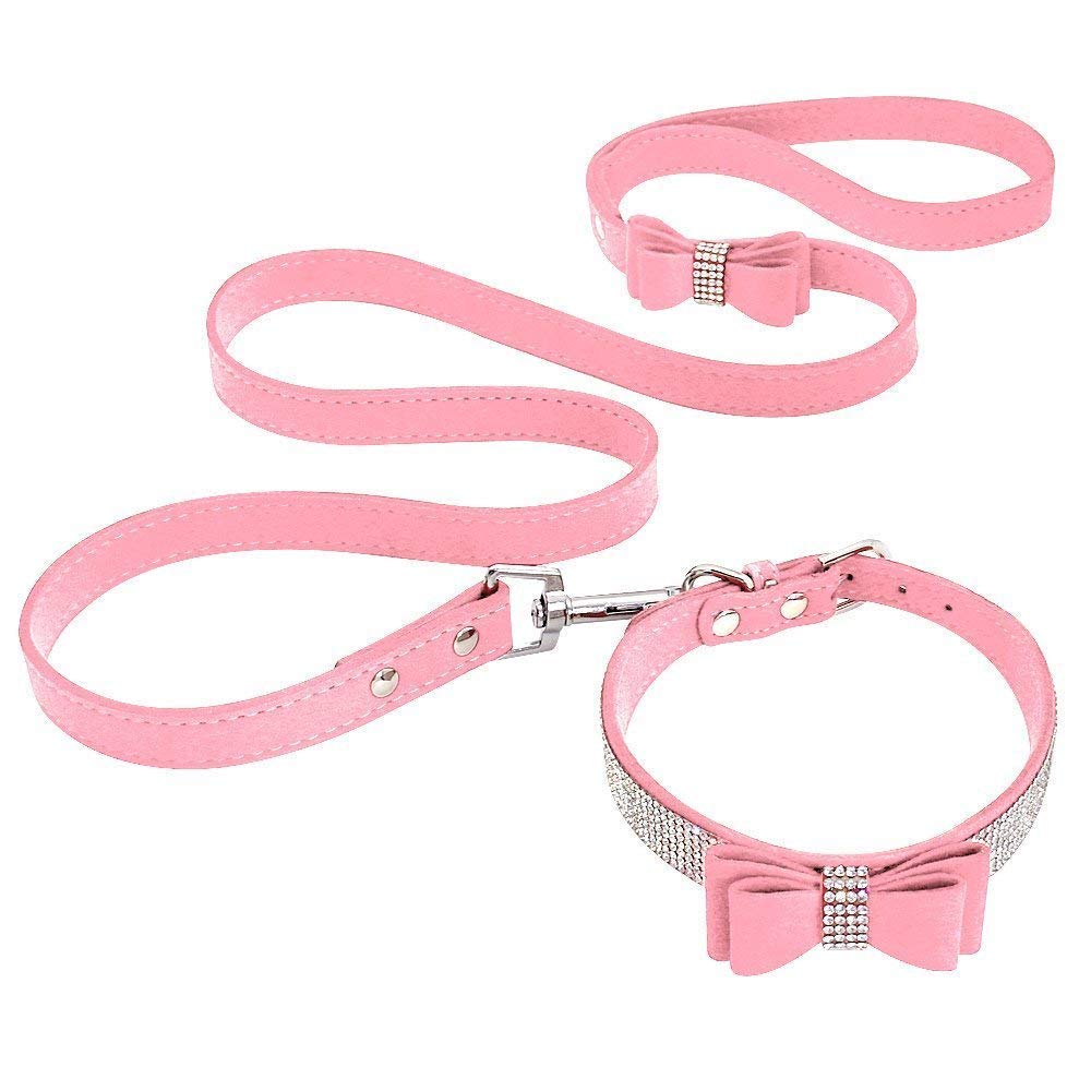 Beirui Rhinestone Bling Leather Dog Collar And Leash Set - Soft Flocking Sparkly Crystal Diamonds Studded - Cute Double Bowknot Collar With 4 Foot Leash For Pet Show,Pink,Neck Fit 10-12.5'