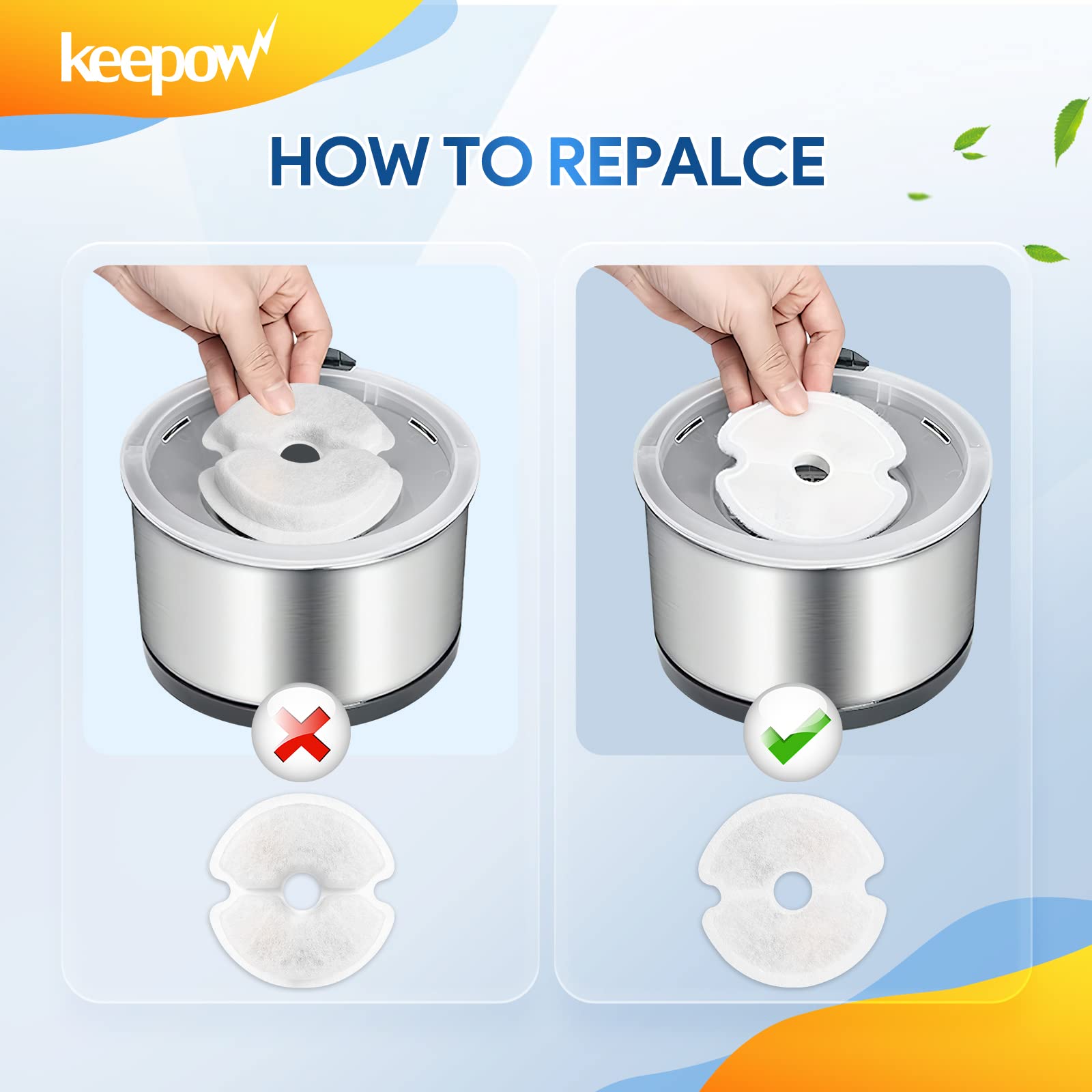 KEEPOW Pet Fountain Filter Replacement for 67oz/2L & 84oz/2.5L - 6 Pack Cat Fountain Filter Compatible With Plastic & Stainless