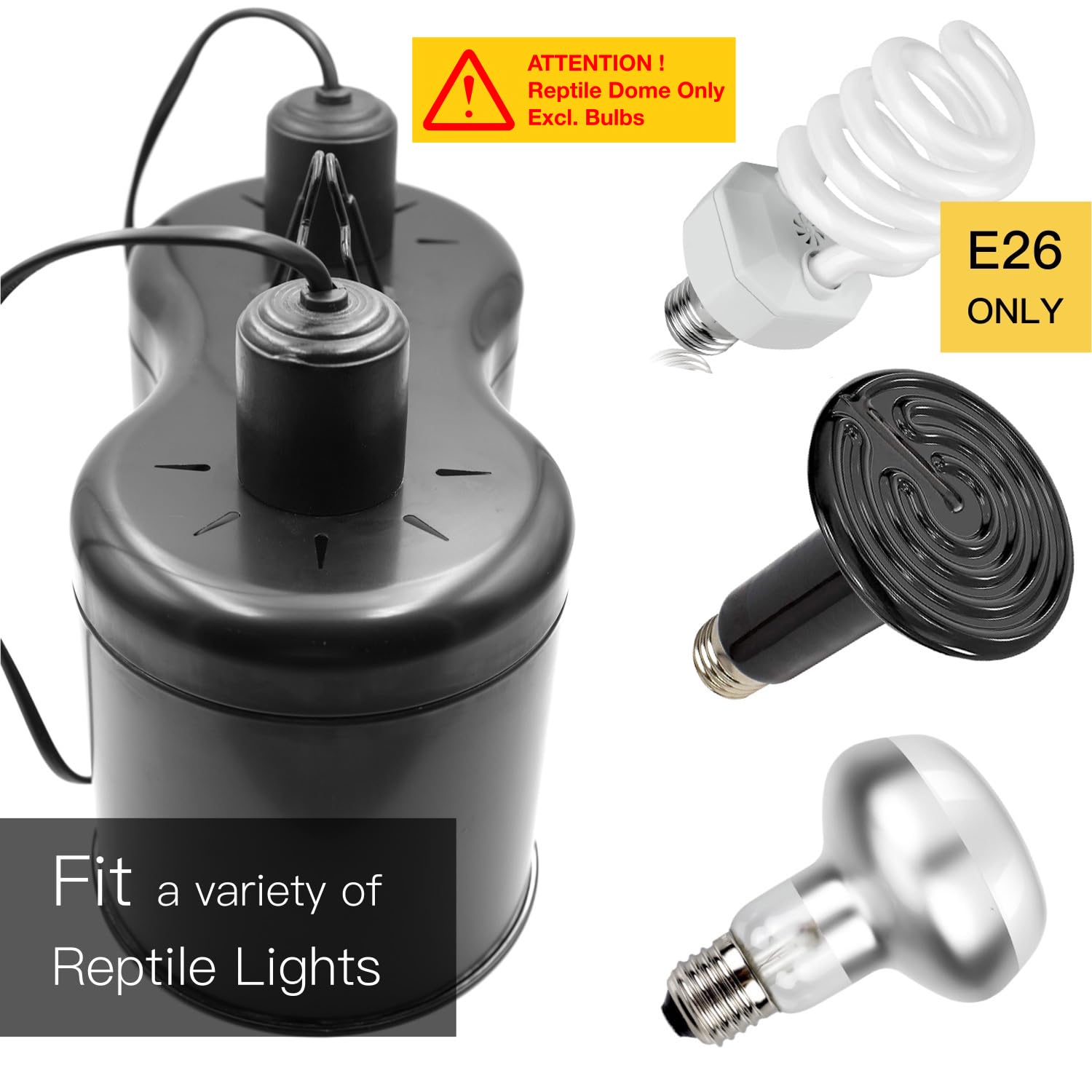 ReptiKing Reptile Dual Dome 12inch, Fits Reptile Light/Heat Lamp/UVB Light, Max. 160W Each,Patent Design K8561, Reptile Light Fi