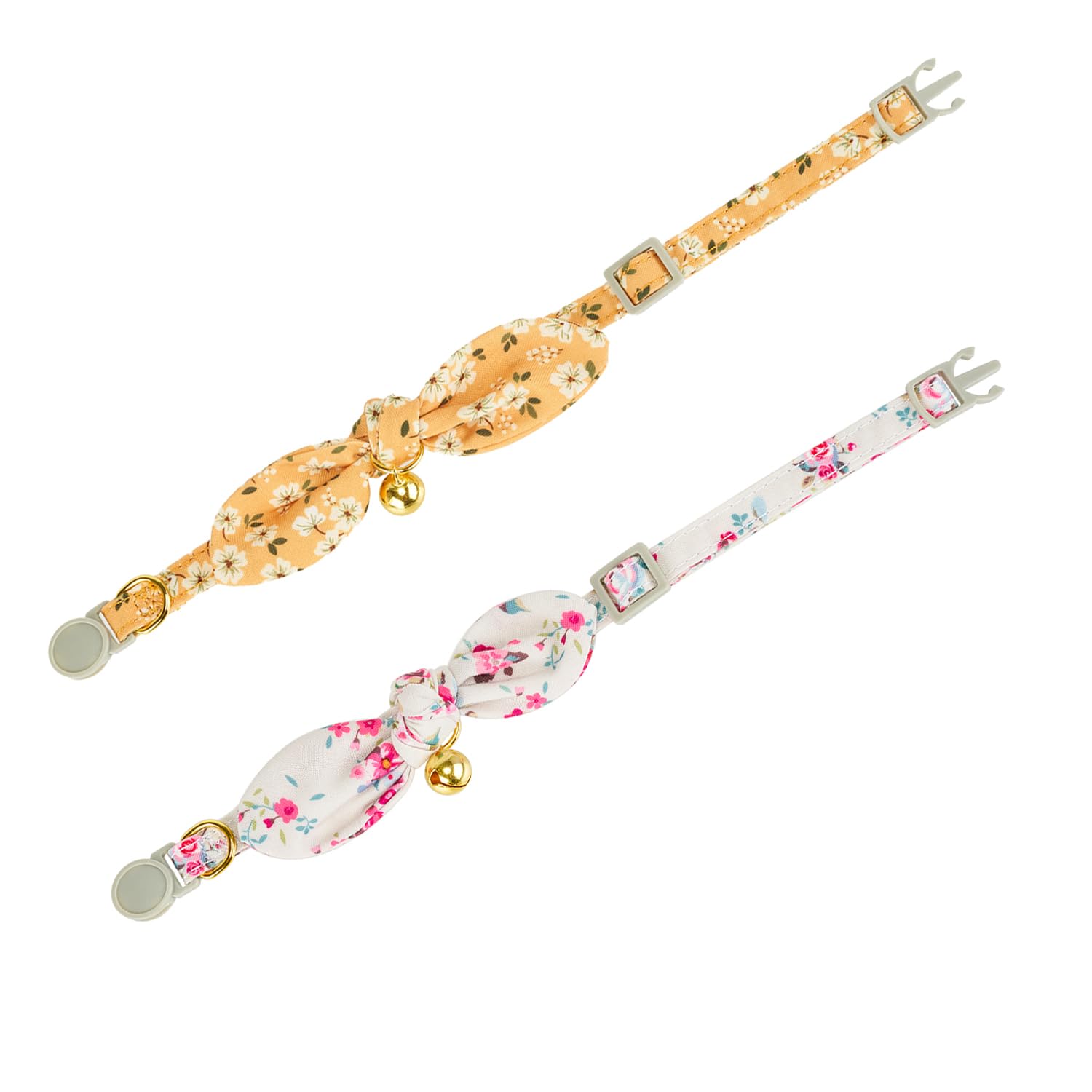 Yudote Bowtie Cat Collar With Bell, 2 Pack Cotton Breakaway Kitten Collars With Removeable Bow Girl Cat Collars, Floral Yellow &