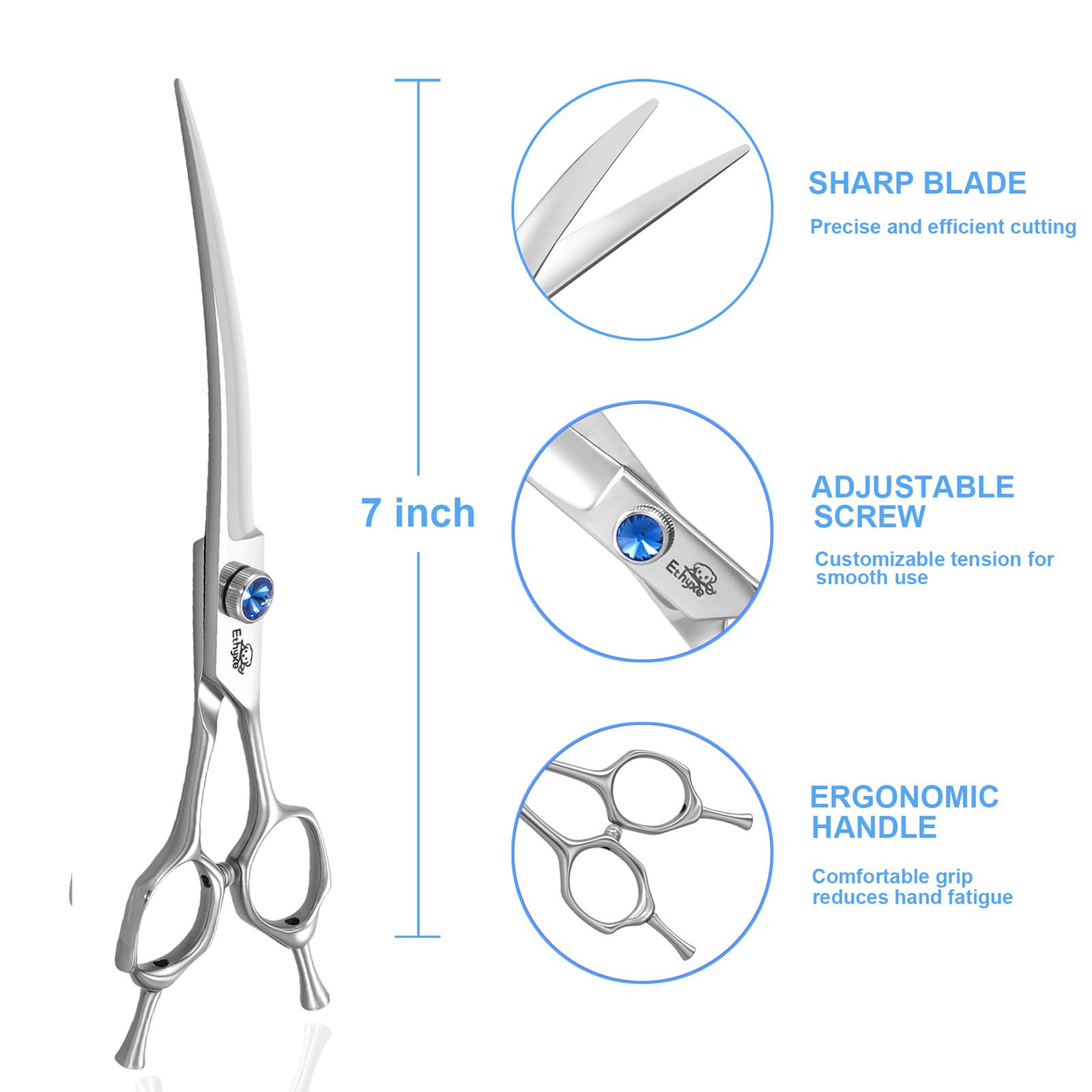 Ethyxe 7'' Curved Dog Grooming Scissors,25 Degree Of Curved Blade,Premium Pet Grooming Shears For Trimming Face And Paws