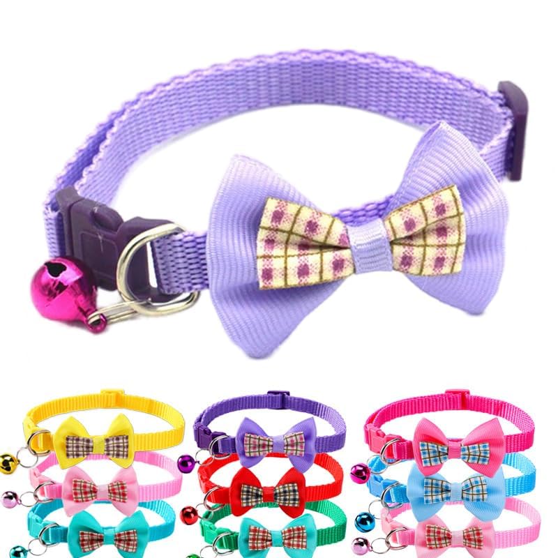 Small Dog Collar With Bell,Soft Nylon Identification Purple Cat Collar Girl Puppy Collar With Bow Tie Adjustable Buckle For Xxs