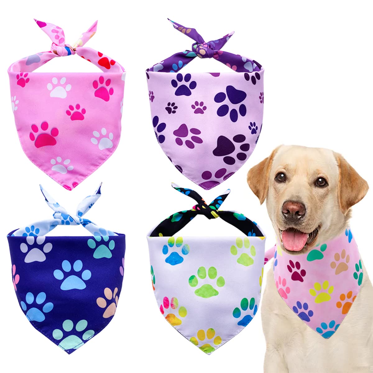 Pet Show 4 Pack Paw Print Big Dog Bandanas Set Girl Boy Reversible Adjustable Dogs Scarves Cat Daily Birthday Party Triangle Bibs Grooming Accessories For Medium Large Dogs Puppies Pets