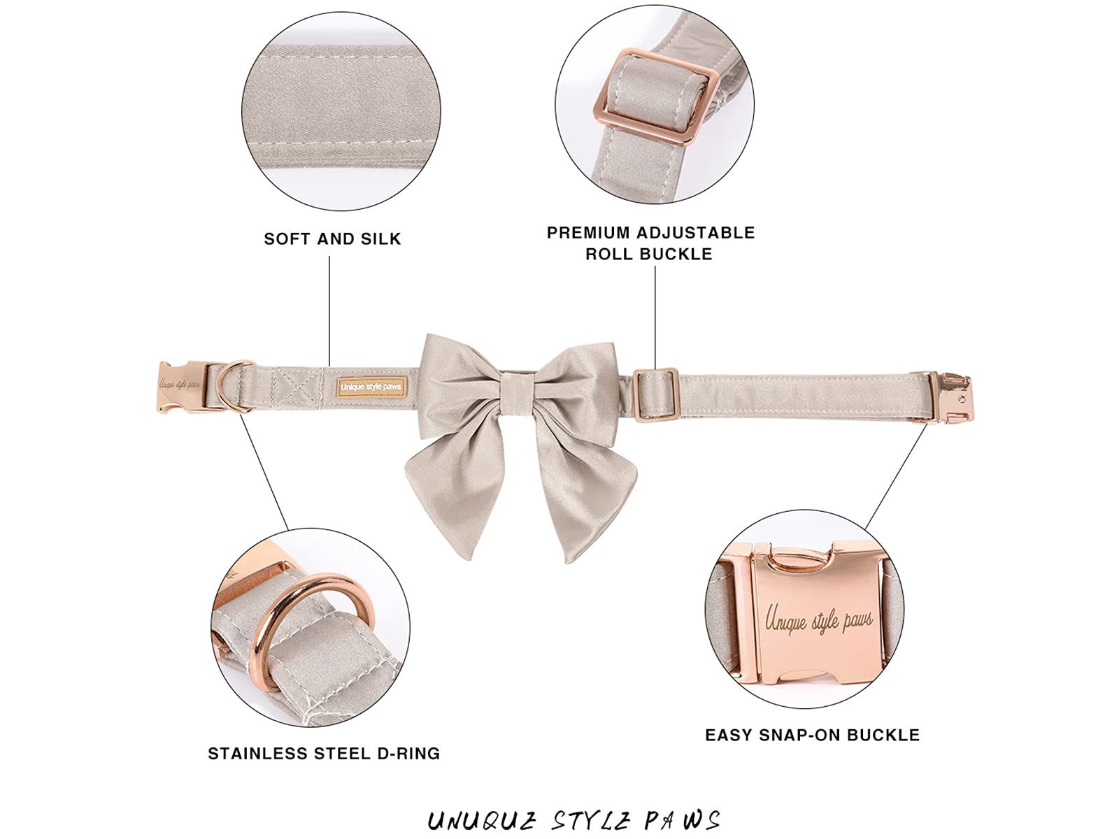 Unique Style Paws Silk Champagne Color Dog Collar Adjustable Durable Dog Collar With Bow Wedding Bow Tie Dog Collar For X-Small Puppy And Cats