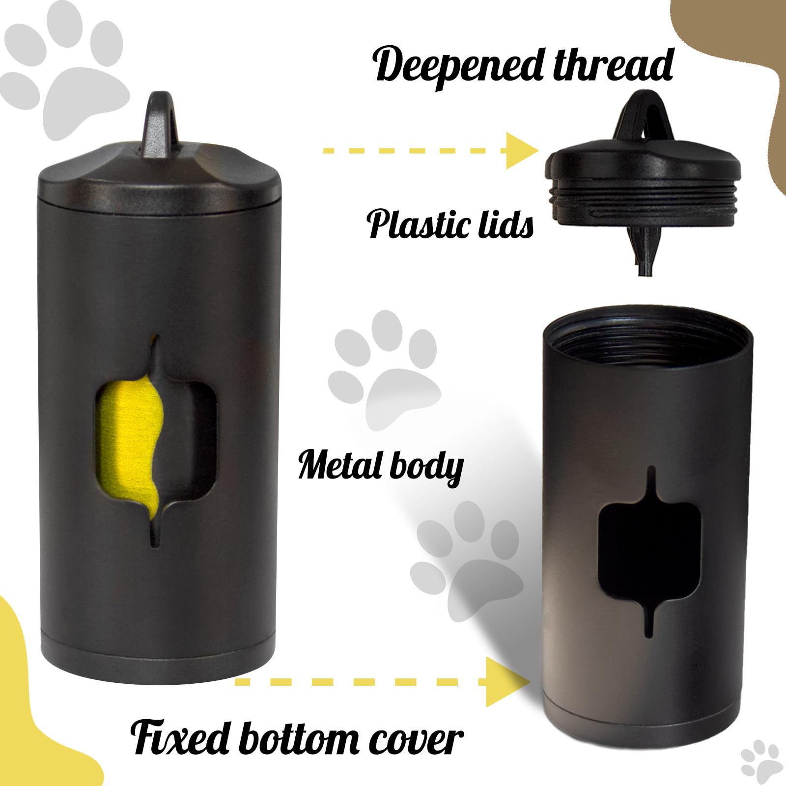 Metal Dog Poop Bags Holder|Aluminum Poop Bags Dispenser with 15 Black Pet Waste Bags 3 Leash Clasp and Elastic Rope