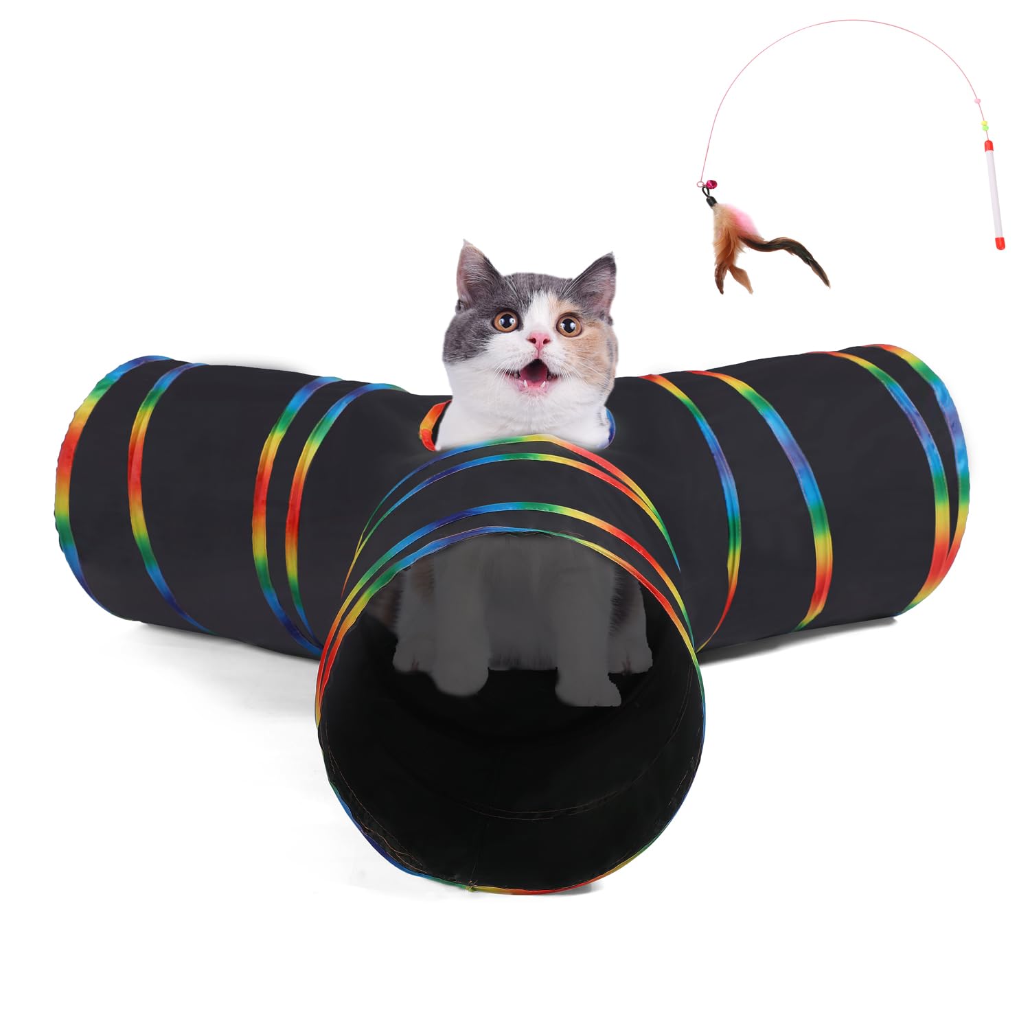 Luckitty Cat Tunnels Tube Toy With Plush Ball & Cat Wand Feather Toys-Portable Tattaff Waterproof Washable-Interesting Geometric