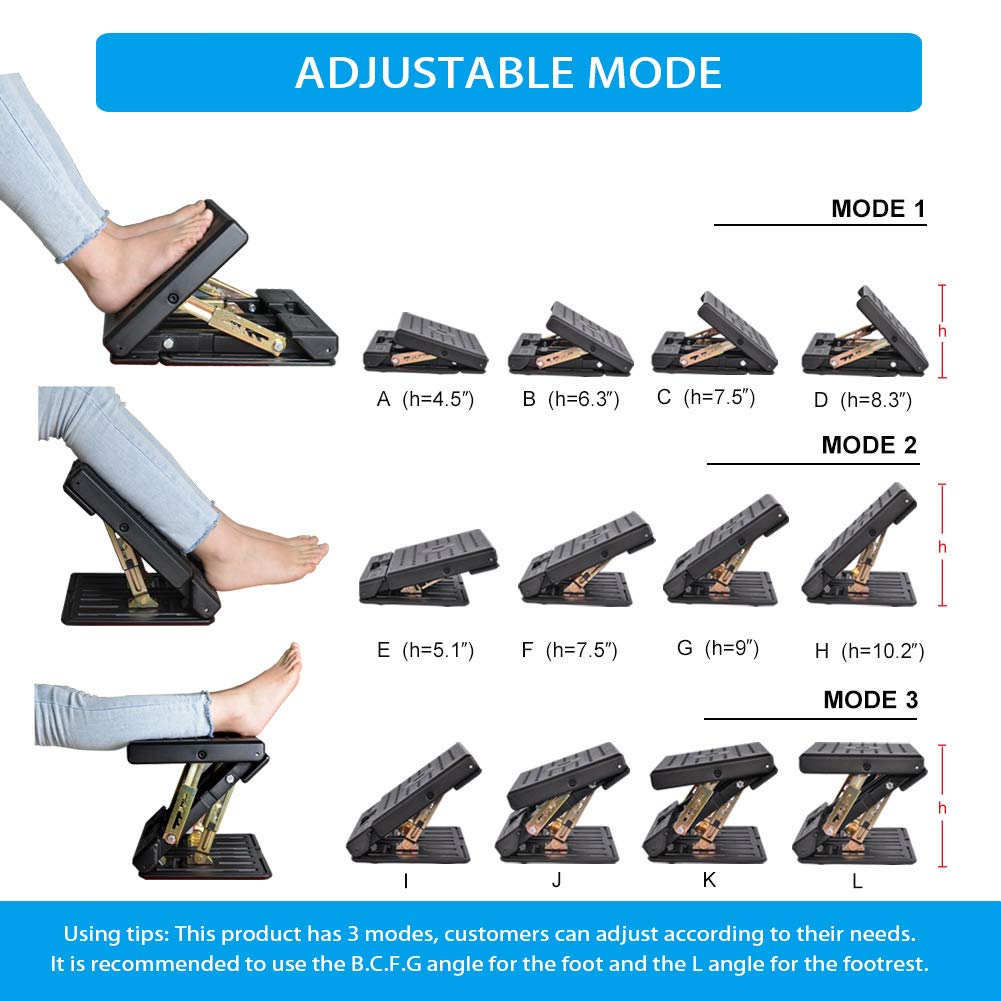 Leermart Adjustable Footrest, 4-Level Height Adjustment, Metal, Black, Max Load 120Lbs with Massaging Beads, Model BN-E03-2C-01