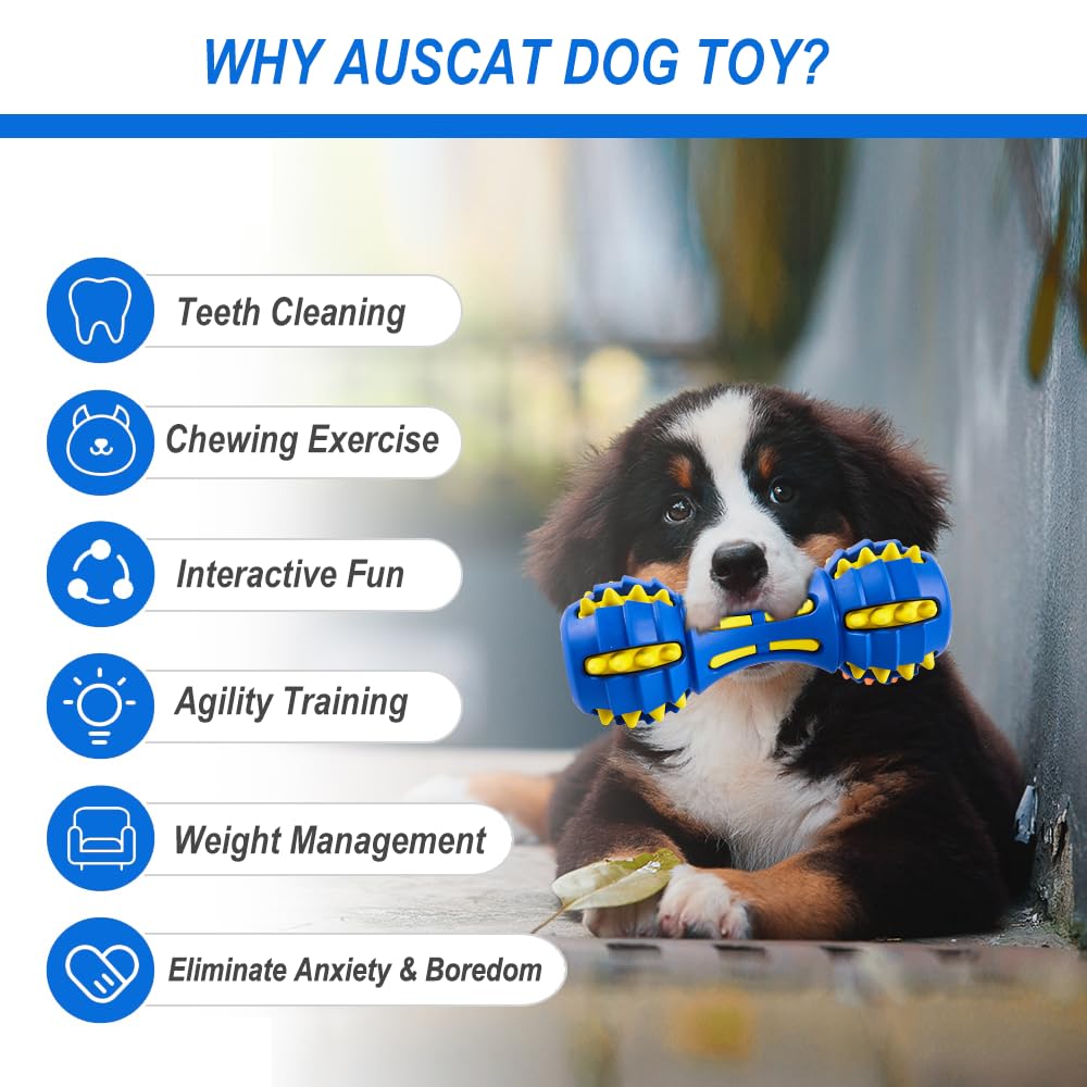 Auscat Dog Squeaky Toys, Teething Chew Toys For Large Medium Breed, Durable Dog Toy, Dumbbell Shape, Blue