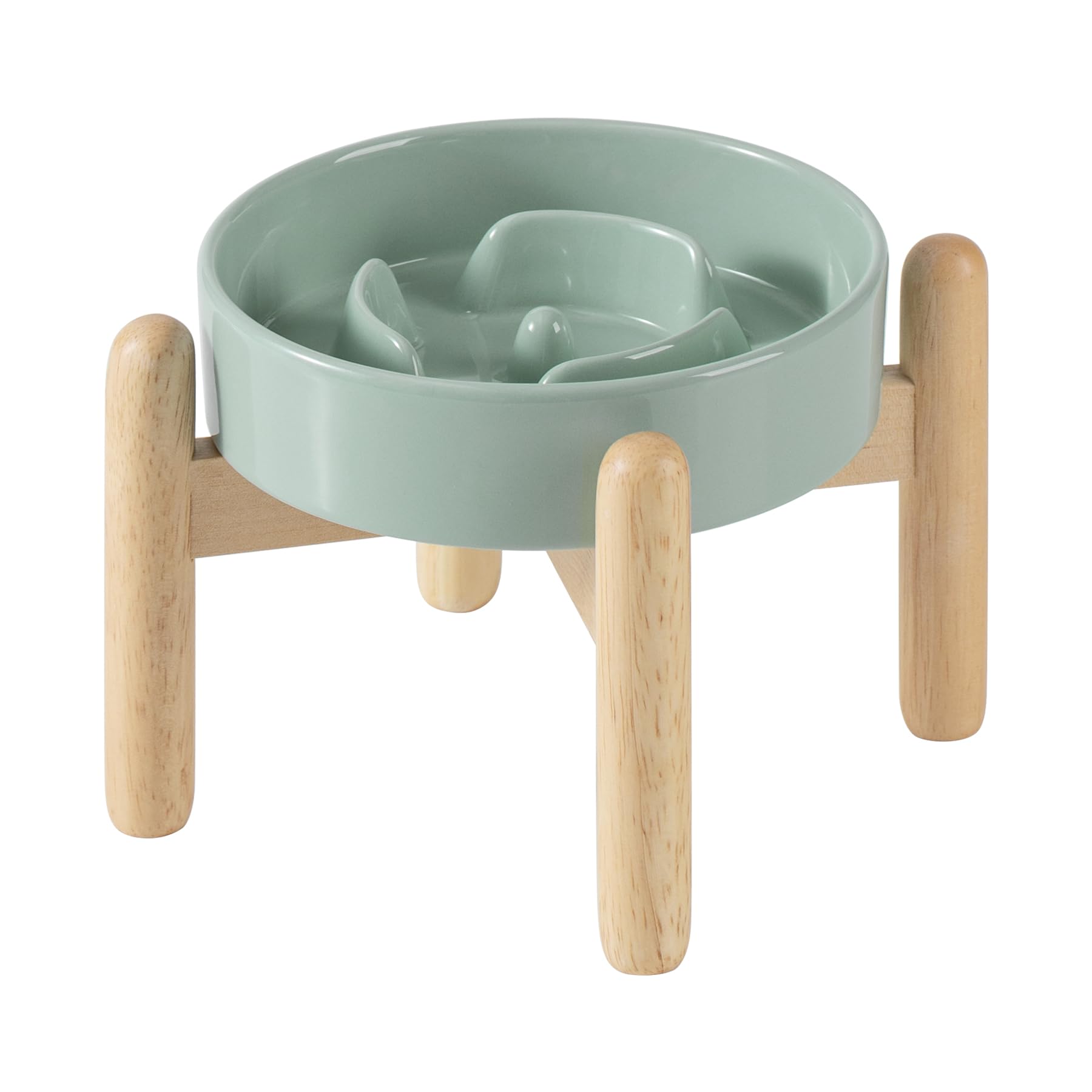 Havniva 6.1Inch Ceramic Raised Slow Feeder Dog Bowl Set, Elevated Wooden Stand For Small Dog And Cat, Puzzle Slow Dish, Preventi