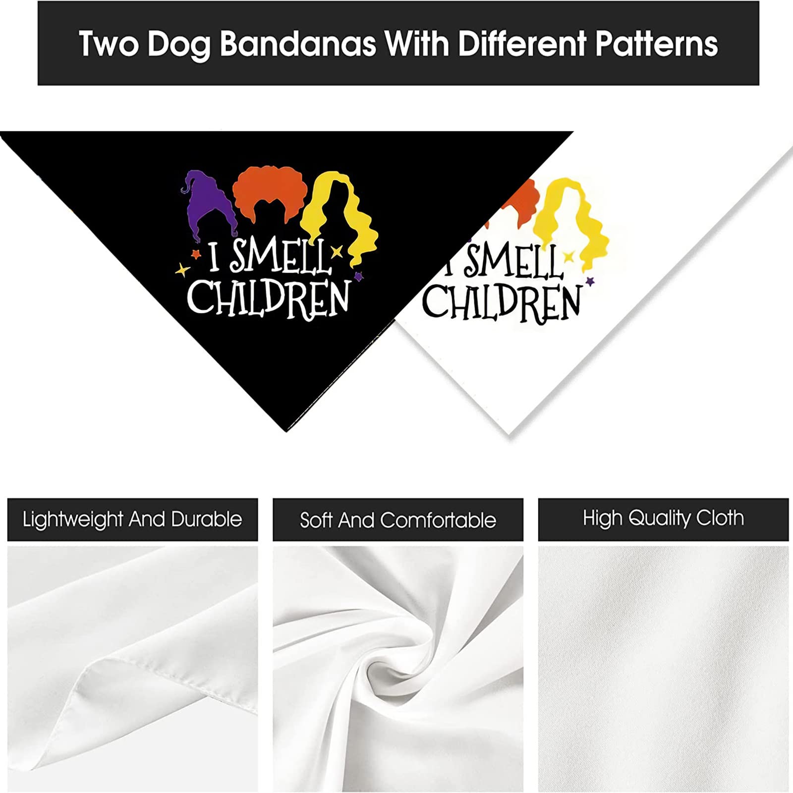 Halloween Hocus Pocus Dog Bandanas - I Smell Children Witch Dog Scarf - 2 Pcs Adjustable Sanderson Sisters Holiday Party Triangle Reversible Pet Bandanas For Small Medium Large Dogs