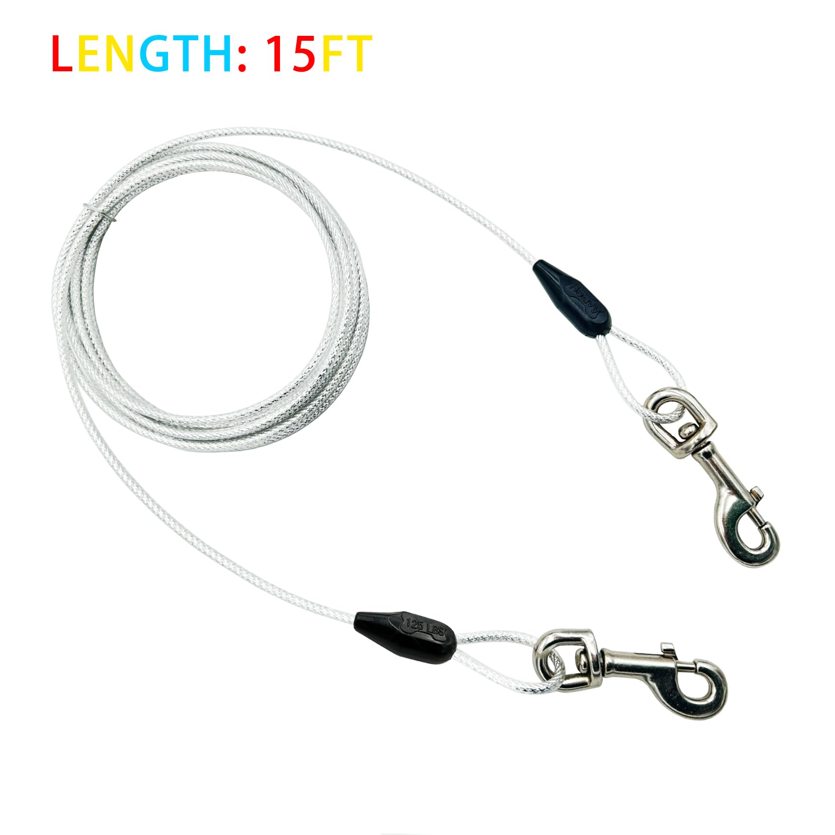 Petest 15Ft Reflective Tie-Out Cable For Heavy Dogs Up To 125 Pounds