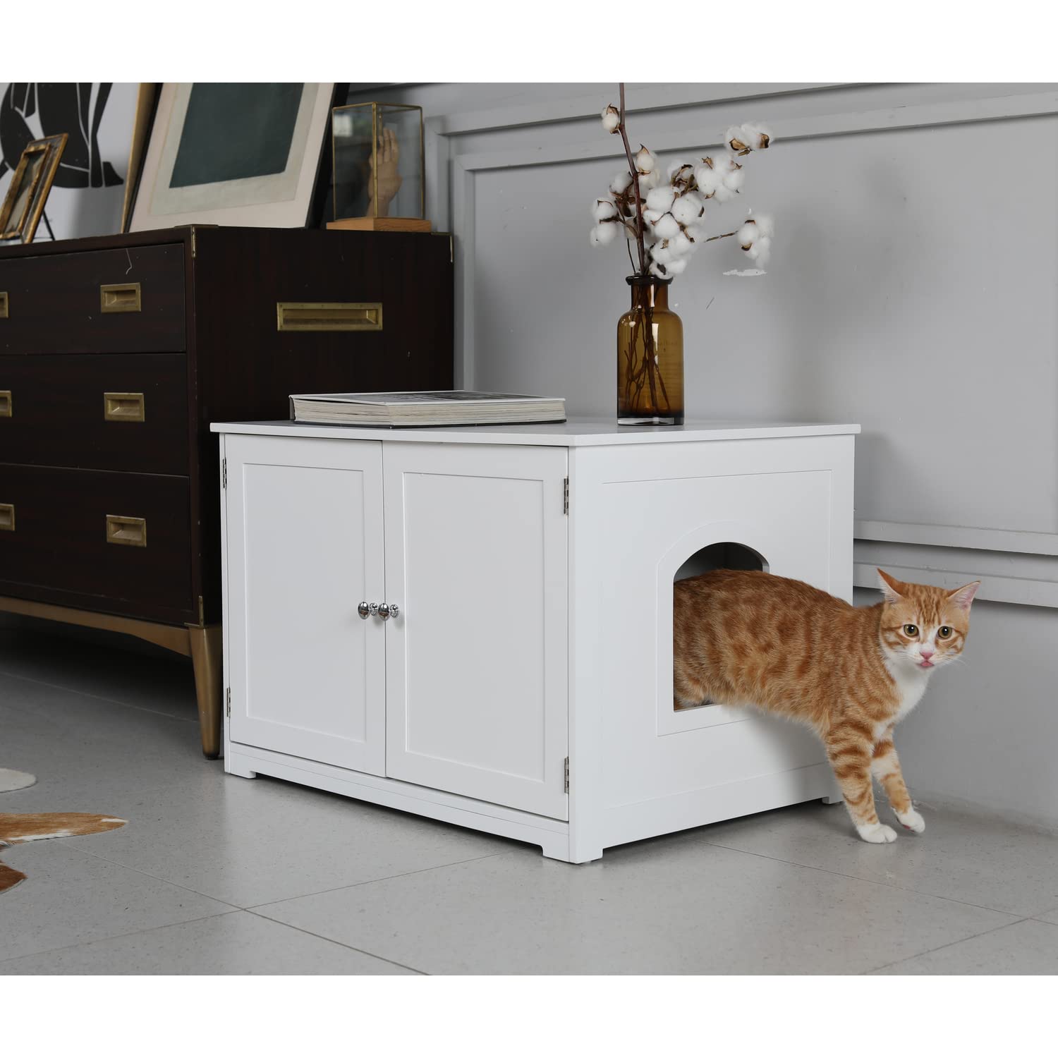 Zoovilla Merry Pet Kitty Litter Cabinet Bench, White Large