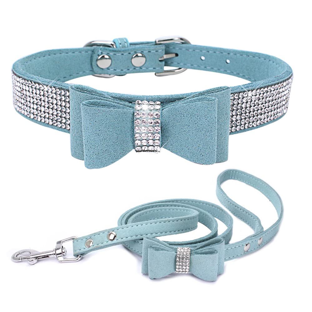 Bow Tie Dog Collar And Leash Set, Bling Rhinestone Puppy Collars Bowtie Crystal Diamond For Xxs Xs Small Medium Large Dogs Pet Boy Kitten Girl Cat, Light Blue Xxsmall