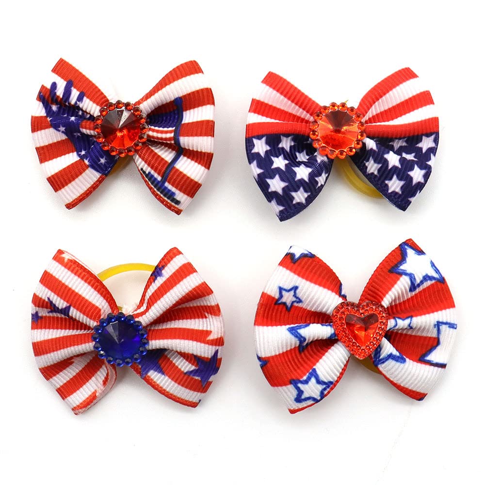 20Pcs/10 Pairs Patriotic Independence Day Decoration Yorkie Dog Puppy Hair Bows With Rubber Bands Hair Accessories Bow Pet Groom