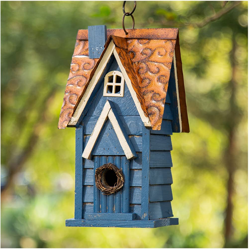 Glitzhome 12  H Retro Blue Distressed Solid Wood Cottage Birdhouse Hanging Bird House for Outdoors