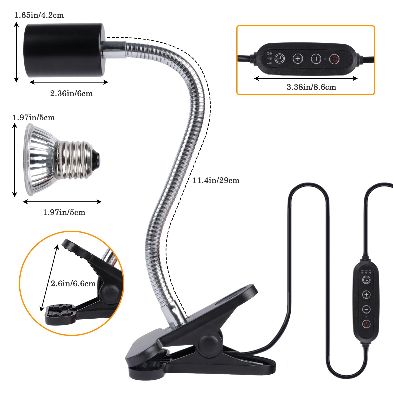 LUCKY HERP Reptile Heat Lamp with Clamp, 2 Pack 50W UVA UVB Bulbs, 360° Rotatable Timing & Dimming for Turtles, Lizards,
