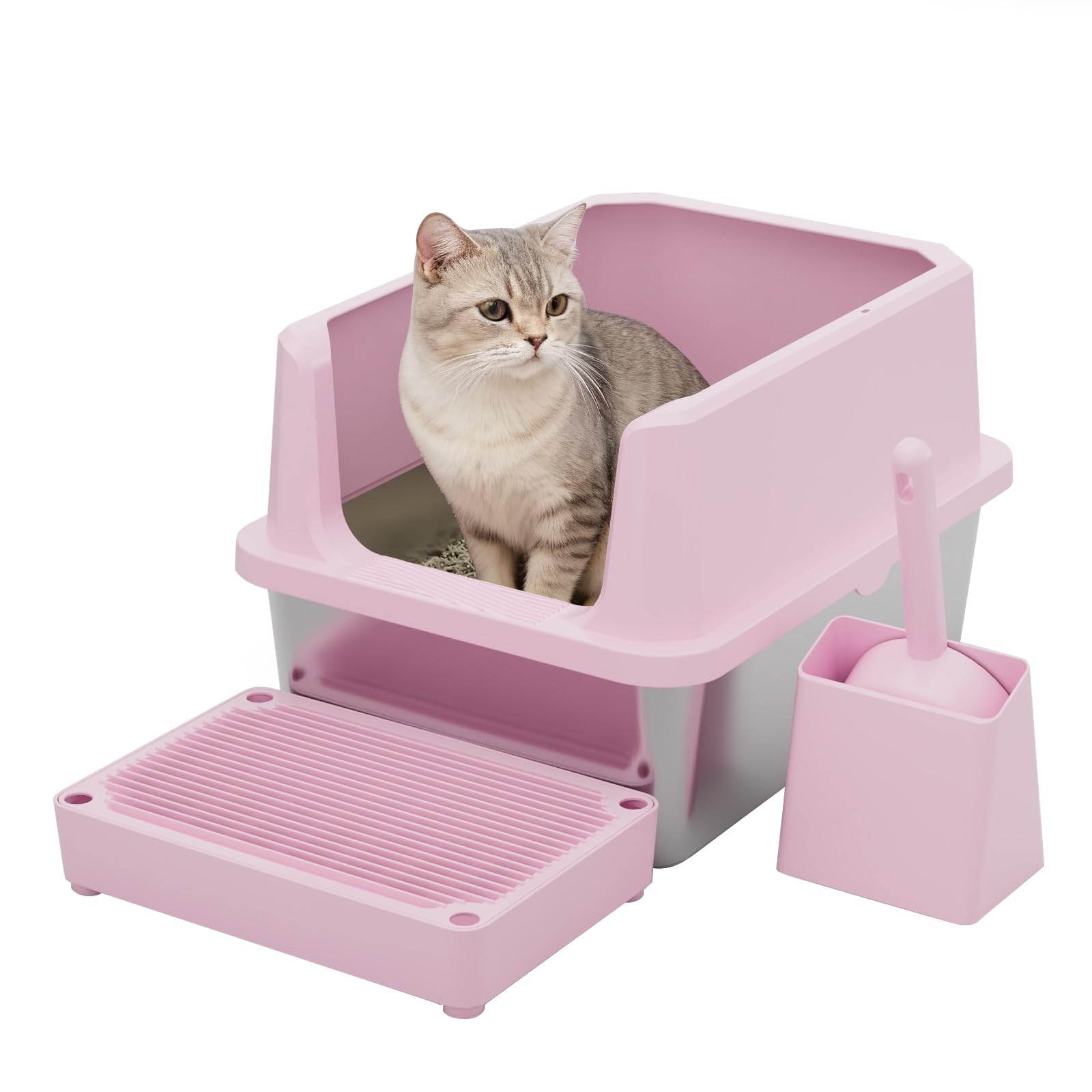 RIZZARI Cat Litter Box: Pink Stainless Steel Odor Control Pan - Easy Clean Non-Porous - 11.6 High Sides Anti-Scatter - Open Top 