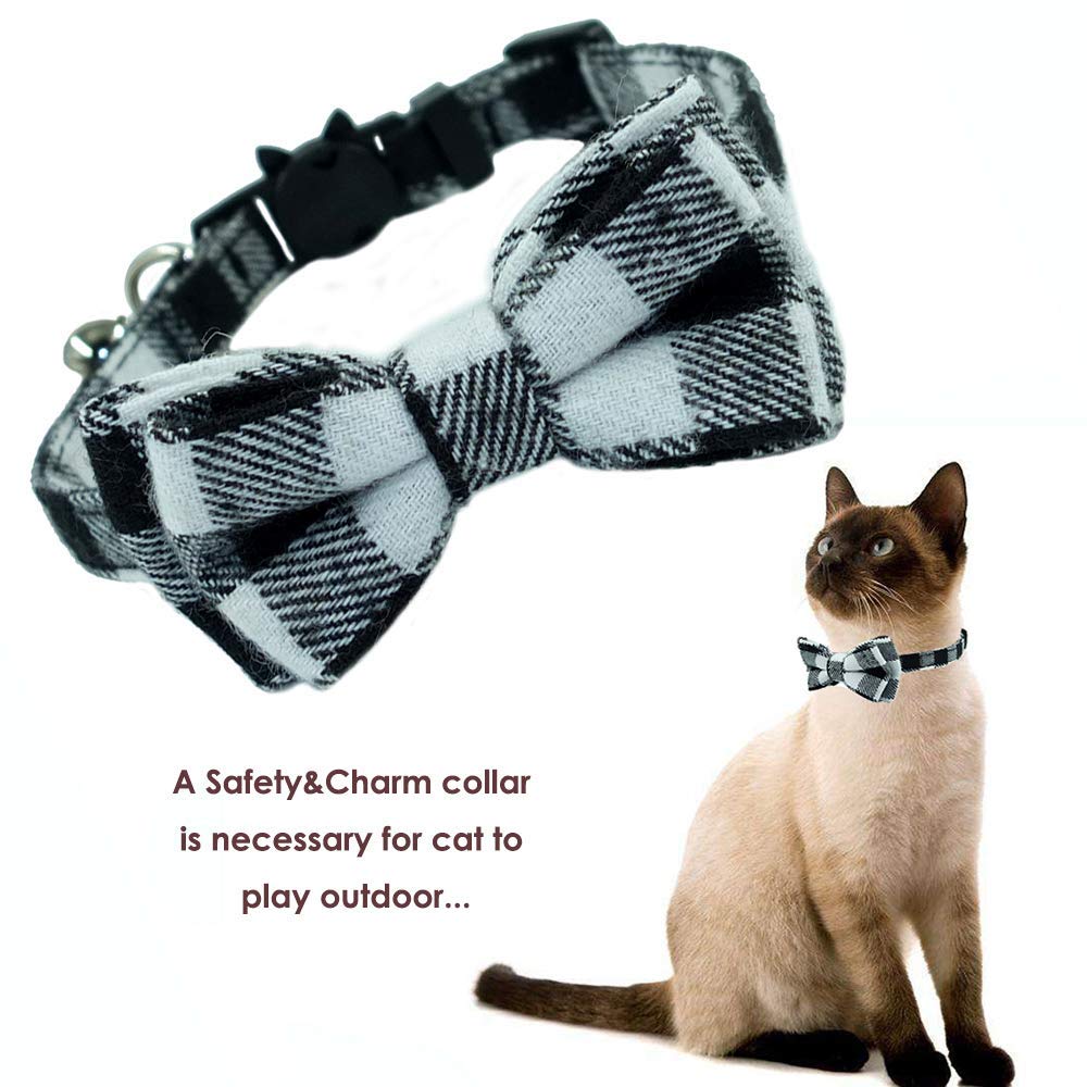 Cat Collars Breakaway With Bell And Bow Tie, Plaid Design Adjustable Safety Kitty Kitten Collar(6.8-10.8In) (Black Plaid)