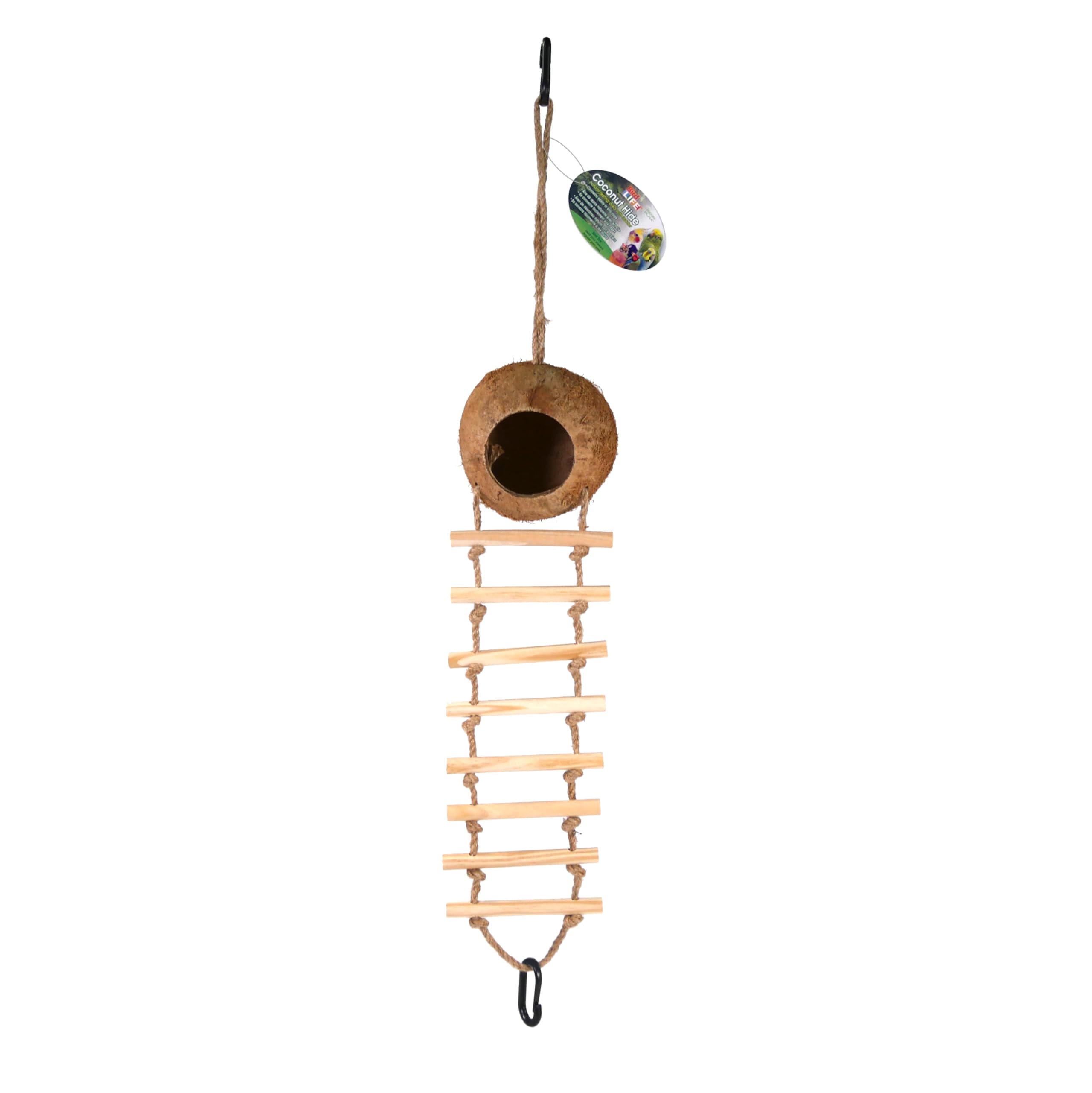 Bird Life Hanging Coconut Hide With Ladder - Perch Toy For Birds - Parrots, Parakeet, Conures, Cockatiel