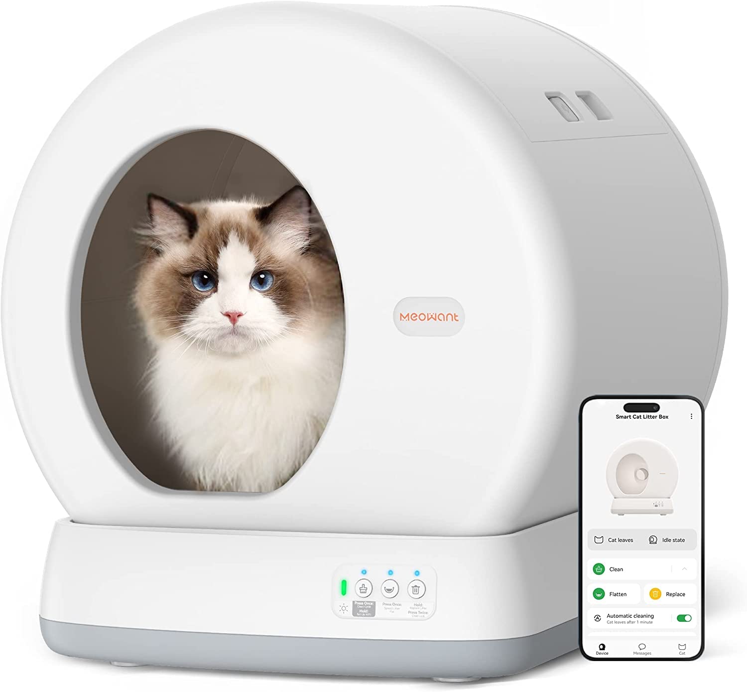 Meowant Self-Cleaning Cat Litter Box, Integrated Safety Protection Automatic Cat Litter Box For Multi Cats, Extra Large/Odor Removal/App Control Smart Cat Litter Box With Mat & Liner