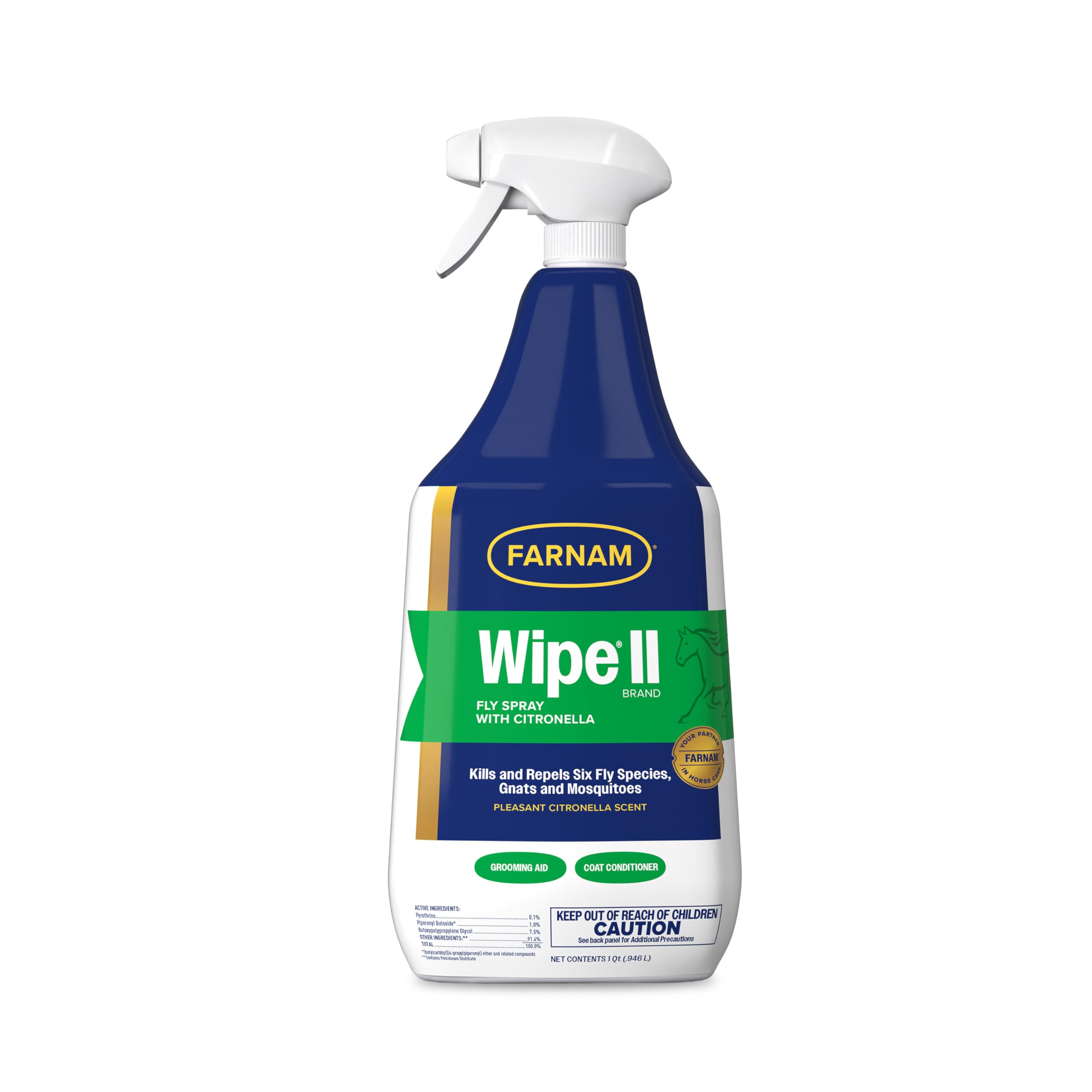Farnam Wipe II Brand Horse Fly Spray with Citronella, Kills and Repels Flies, Conditions Coats, 32 oz