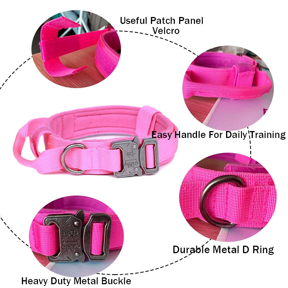 Tactical Dog Collar Military Dog Collar Adjustable Nylon Dog Collar Heavy Duty Metal Buckle With Handle For Dog Training (Pink,M)