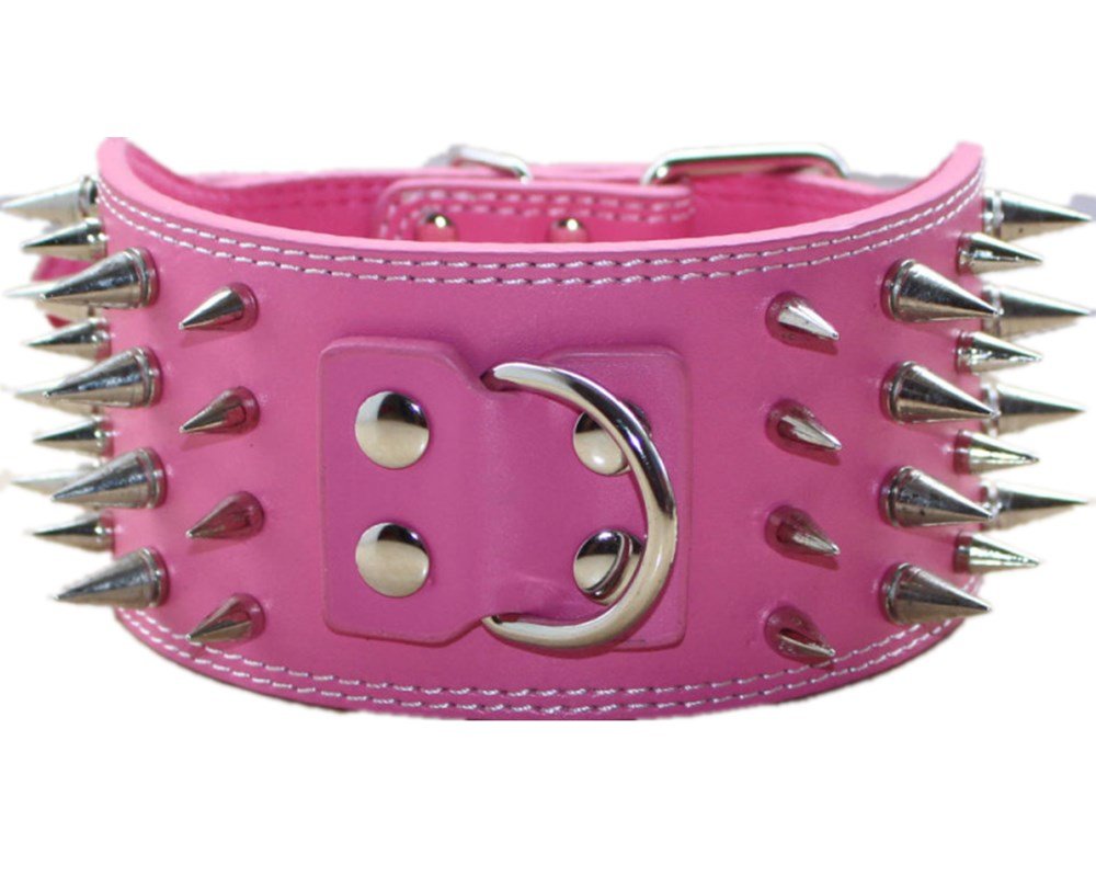 Haoyueer 3 Inches Wide Leather 4 Rows Spiked Studded Dog Collar + Dog Leash Lead Set Heavy Duty Fit Pit Bull Terrier Mastiff(Hot Pink,L)