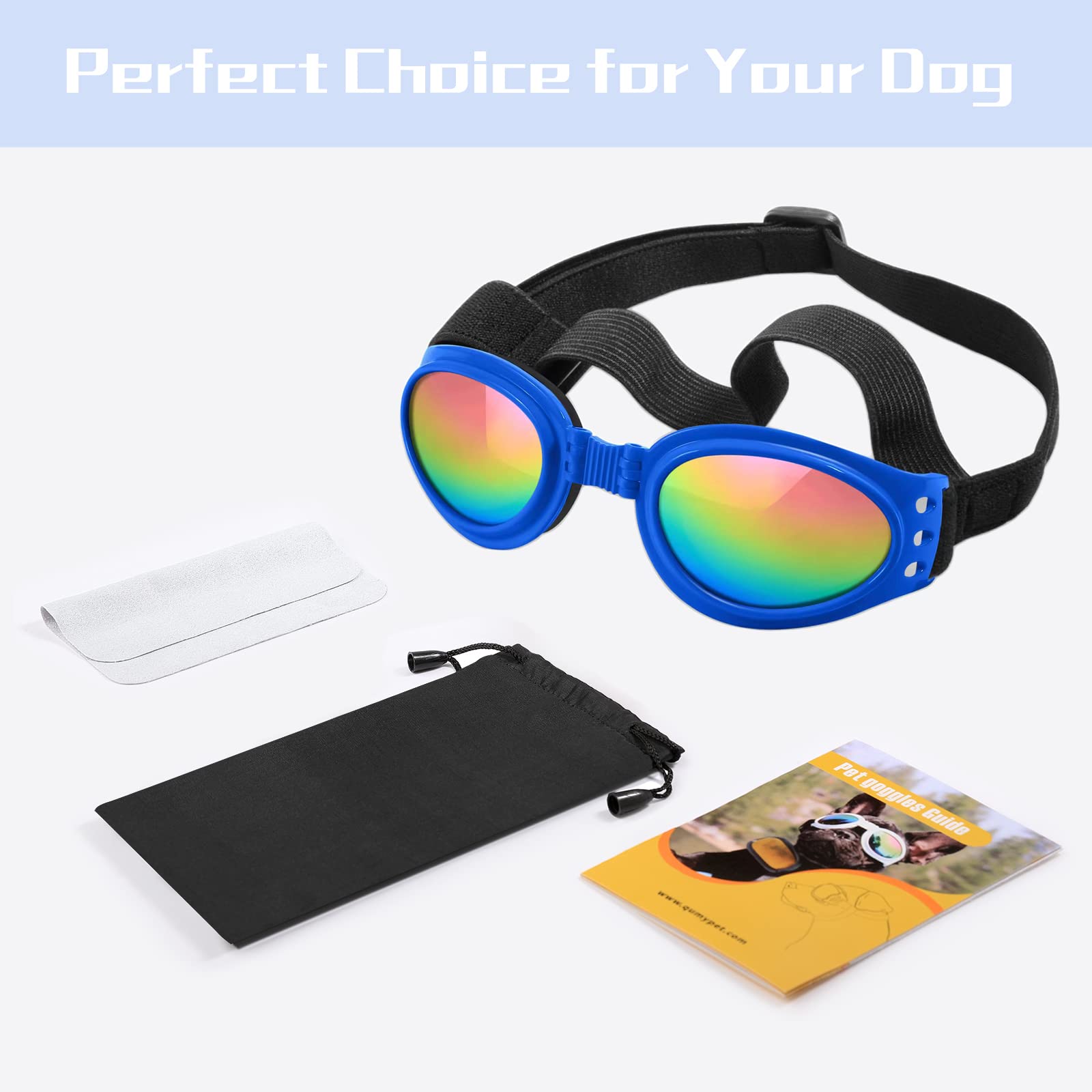 Qumy Dog Sunglasses Dog Goggles For Medium Large Breed Dogs, Wind Dust Fog Protection Eye Wear Pet Glasses With Adjustable Strap For Motorcycle Car Driving Bike Riding Hiking Swimming Over 15Lbs Blue