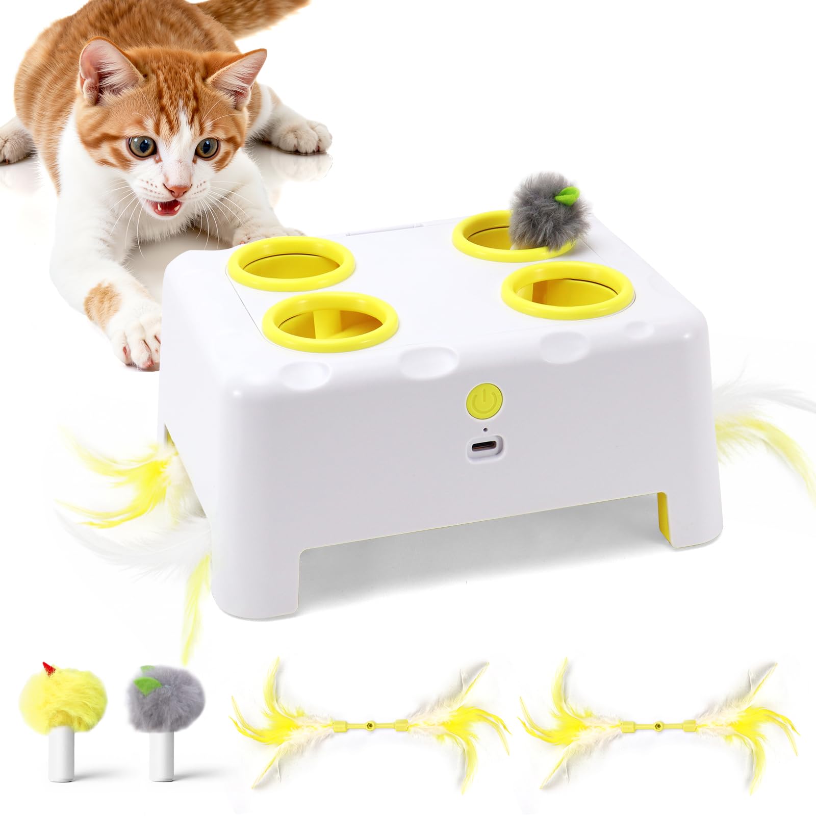 PETSWEET Interactive Cat Toy for Indoor Cats, 3 Modes Feathers Toy, Rechargeable 4 Holes Mole Cat Toys, Cheese Box for Kitten, 4