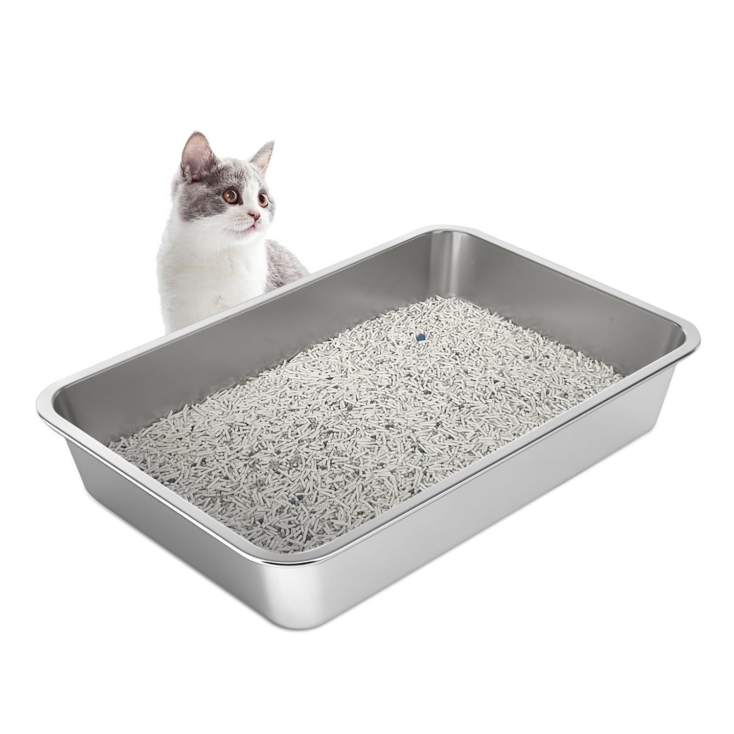 Lihong Stainless Steel Cat Litter Box,Large Metal Litter Box For Small Large Cats Kitty Rabbits,No Smell,Non Stick,Easy To Clean(20' Lx14 Wx4 H,L)