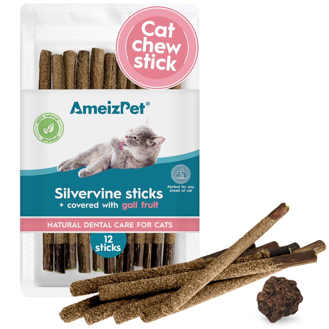 Ameizpet Silvervine Sticks For Cats, Chew Sticks Covered With Gall Fruit Dust - Natural Matatabi Cat Dental Care, Catnip Cat Teeth Cleaning Dental Sticks, 12 Pcs