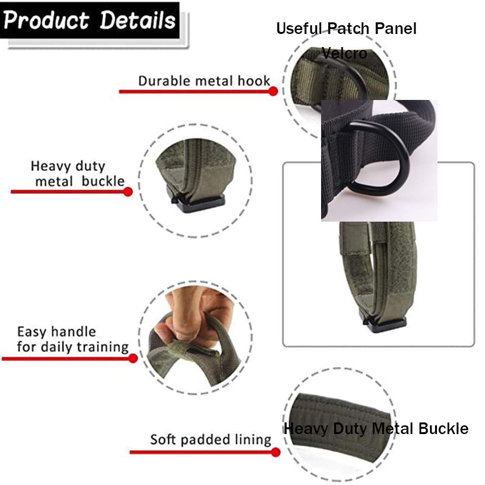 Tactical Dog Collar And Leash Set Tactical Dog Collar With Handle Bungee Leash Adjustable Military Training Nylon Collar Dog Training Collar Leash Set With Control Metal Buckle(Green Xl