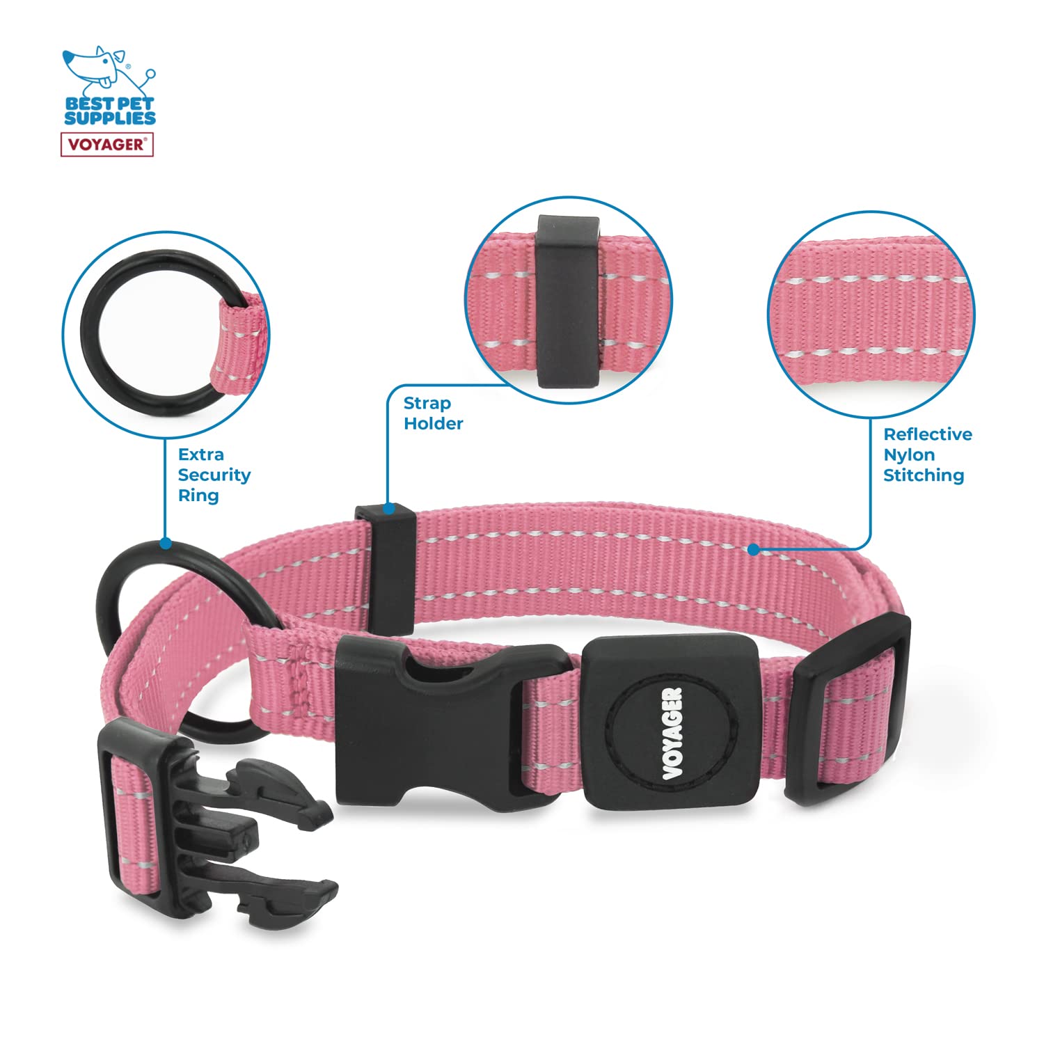 Voyager Reflective Dog Leash Collar Set With Neoprene Handle Supports Small, Medium, And Large Breed Puppies, Cute And Heavy Duty For Walking, Running, And Training - Pink, L