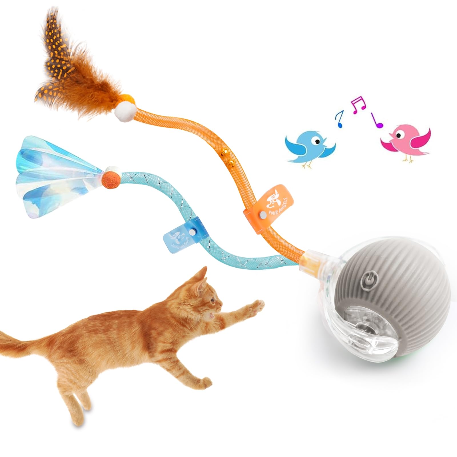 Four Angels 2025 New Generation Interactive Cat Ball Toy With Elastic Mesh Tail - Automatic Motion-Activated Chirping Kitten Toy