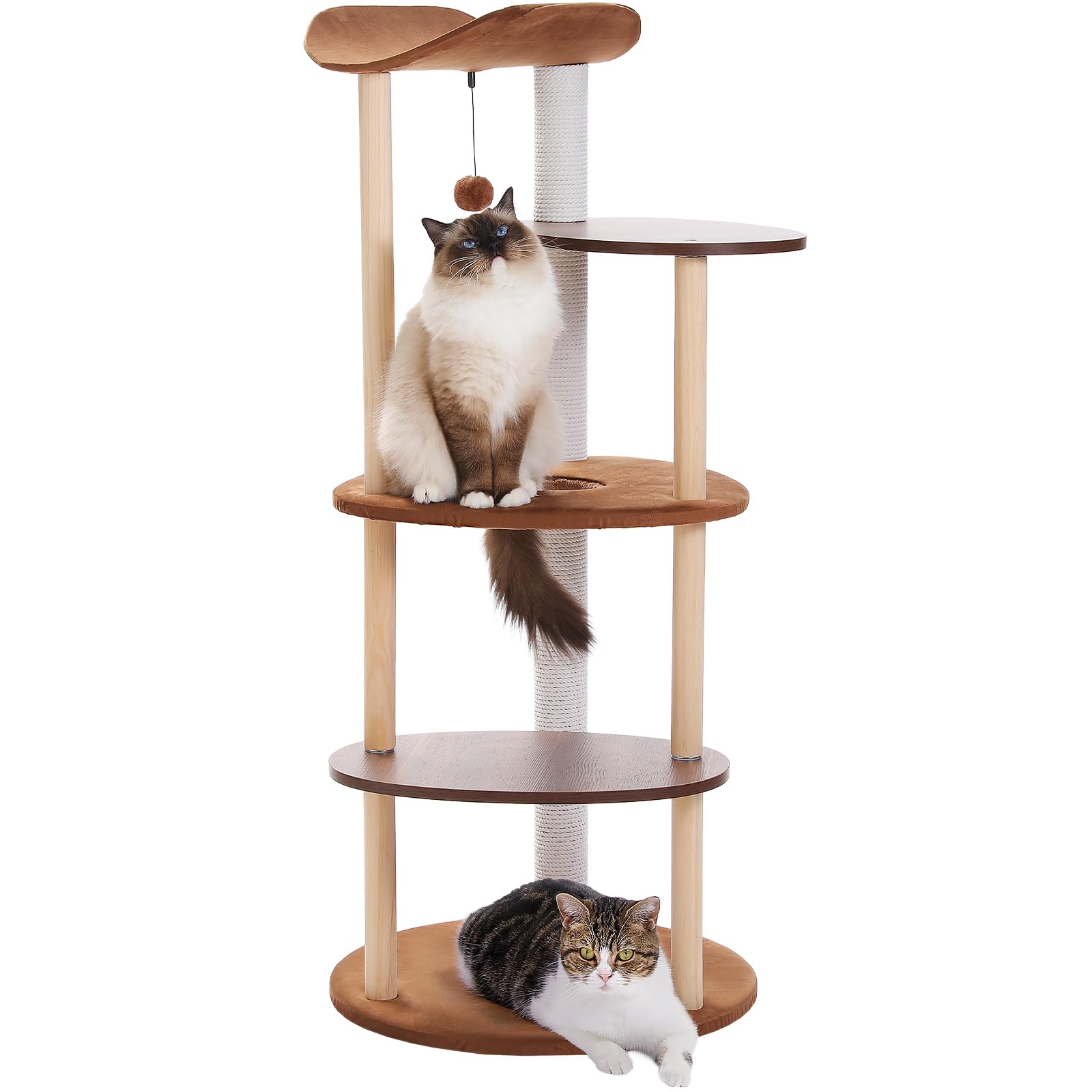 Petepela Wood Cat Tree Tower For Indoor Cats,5-Level Modern Cat Tree Cat Activity Center With Scratching Posts, Brown