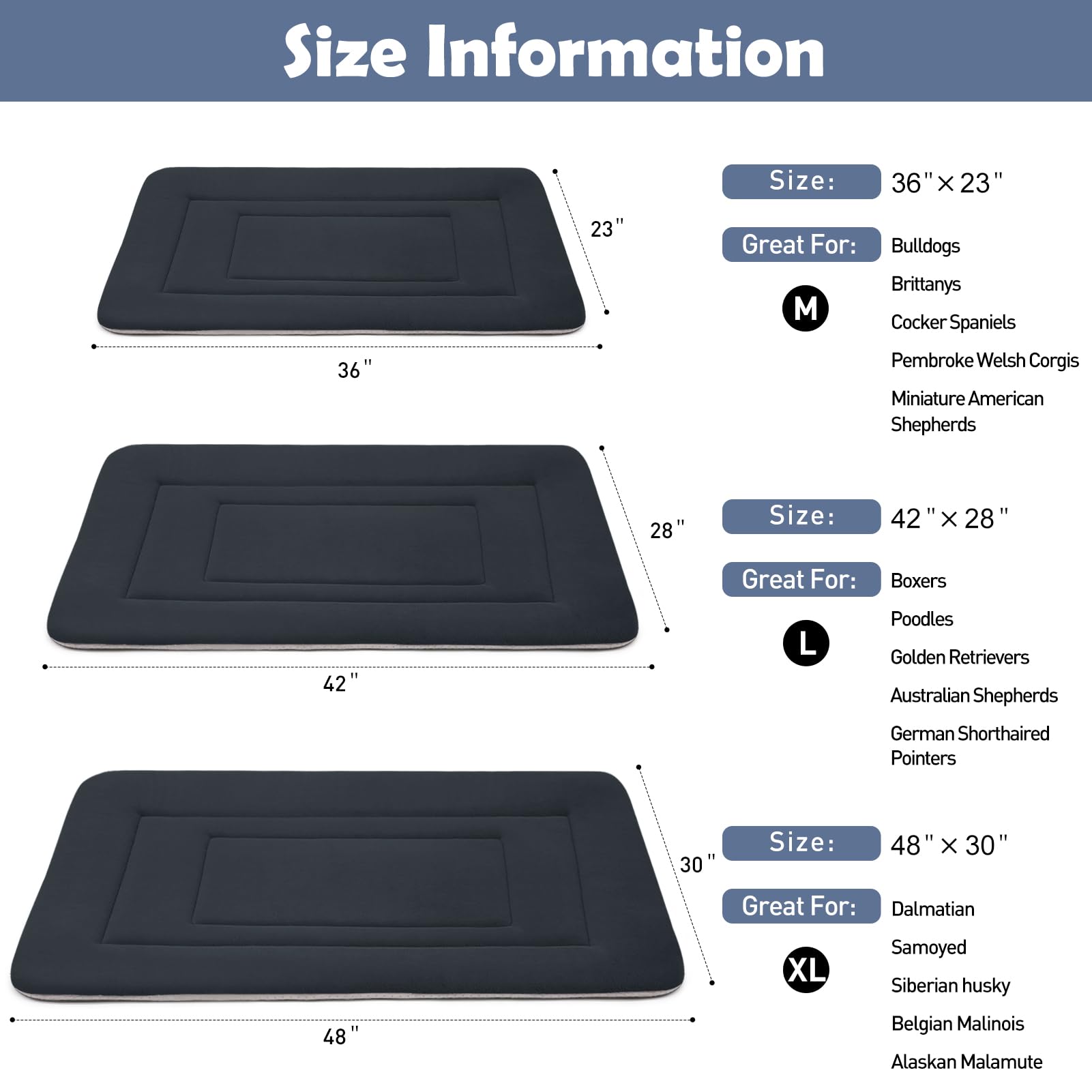 JoicyCo Dog Bed - Soft Washable Crate Pad for Large Dogs, 42" x 28", Dark Gray, Non-Slip Bottom, Durable Polyester