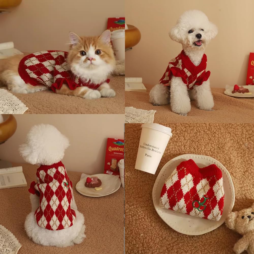 Aniac Diamond Puppy Sweater For Small Dog Girl Strawberry Turtleneck Cat Knitwear Winter Pet Clothes For Kitten Chihuahua Yorkie (Medium, Red)