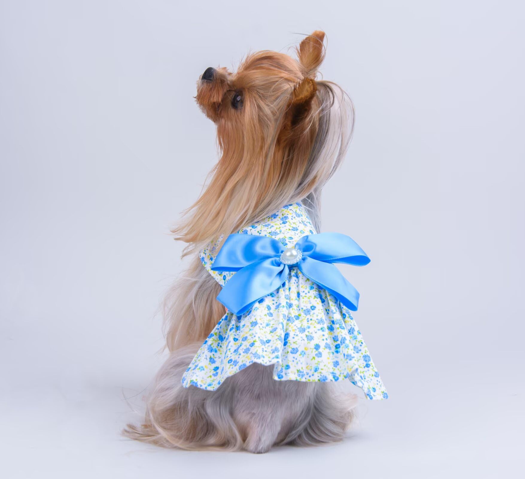 Msnfoasm Floral Print Dog Dress With Satin Bow And Pearl For Small Dogs Girl,Cat Apparel,Blue, Xx-Small