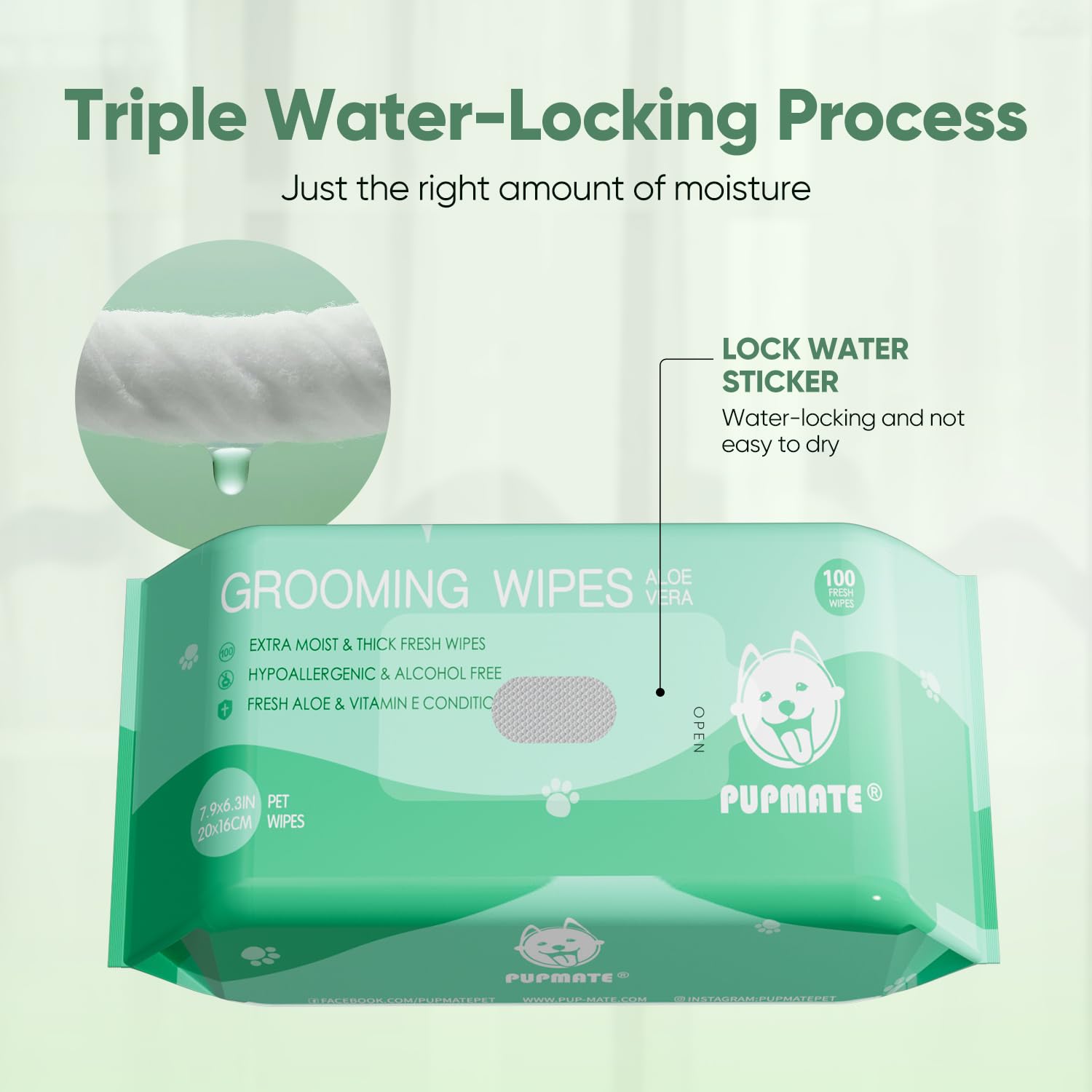 Pupmate Natural Pet Grooming Wipes, 100 Fresh Counts, Extra Moist & Thick For Dogs & Cats, Puppies & Kittens