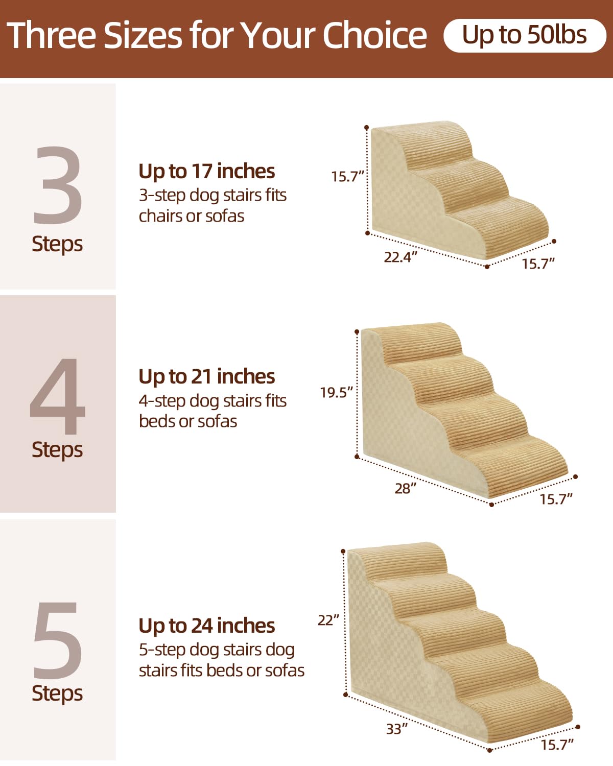 Dog Stairs Curved Ramp for Small Dogs 19.5 H, 4-Step Pet Stairs for Couch Bed with High Density Foam, Dog Slope Stairs with Dura